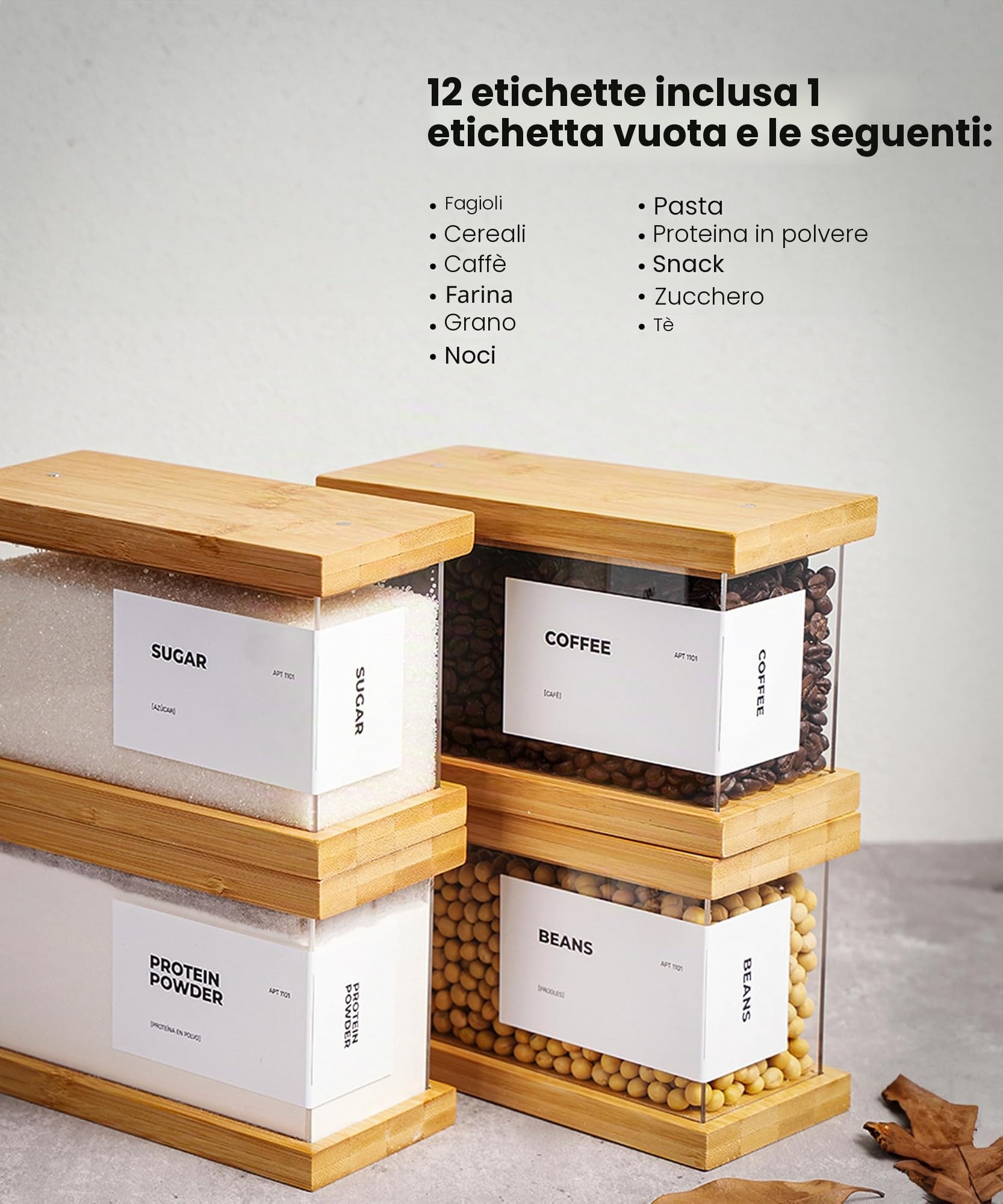 APT 1101 Dispenser per alimenti in bambù, organizer da cucina e contenitore, ermetico, per cereali, riso, farina, snack (2, grande)