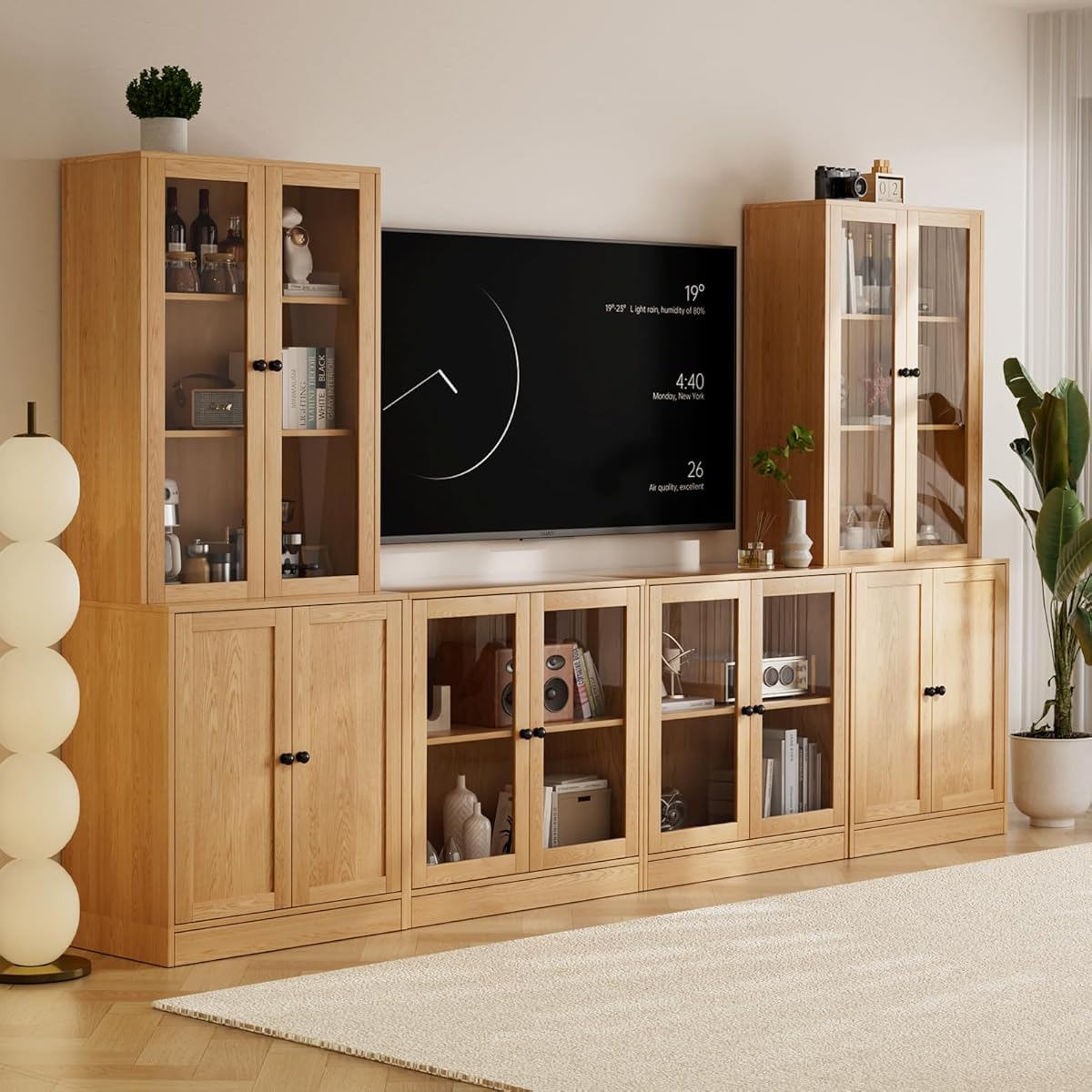 TUSY 4-Piece Large TV Stand with Bookshelves for TVs up to 75", TV Entertainment Center Media Center with Tempered Glass Doors and Shelves, TV Hutch for Living Room (Wood)