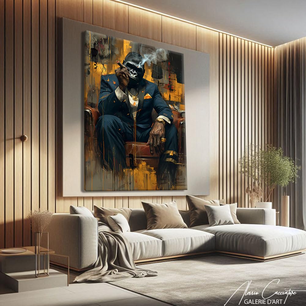 Alessio Cacciatore Quadro Gorilla Sigaro Con Cornice - Poster Arte Urbana - Quadro Street Art Mafia - Idea Regalo Adolescente Ragazzo 17 Anni - Stampa su Tela Scimmia - Decorazione animale da parete