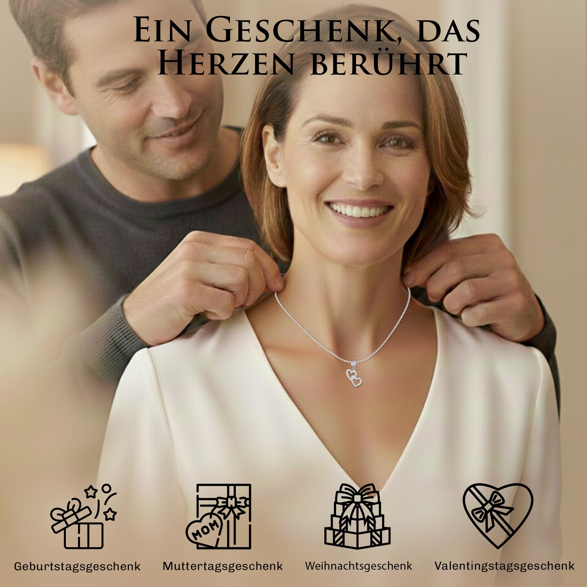 Herzkette 925 Sterling Silber mit 2 verbundenen Herzen für Damen, AAH-S | Glänzender Anhänger, Schlangenkette, nickelfrei, antiallergisch, langlebig verarbeitet, designed in Deutschland.
