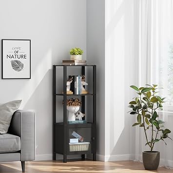 TUTOTAK 4 Tier Bookcase and Bookshelf, Narrow Book Shelf with Door for Small Space, for Living Room, Office, Study, Entryway, Black BS03BK004