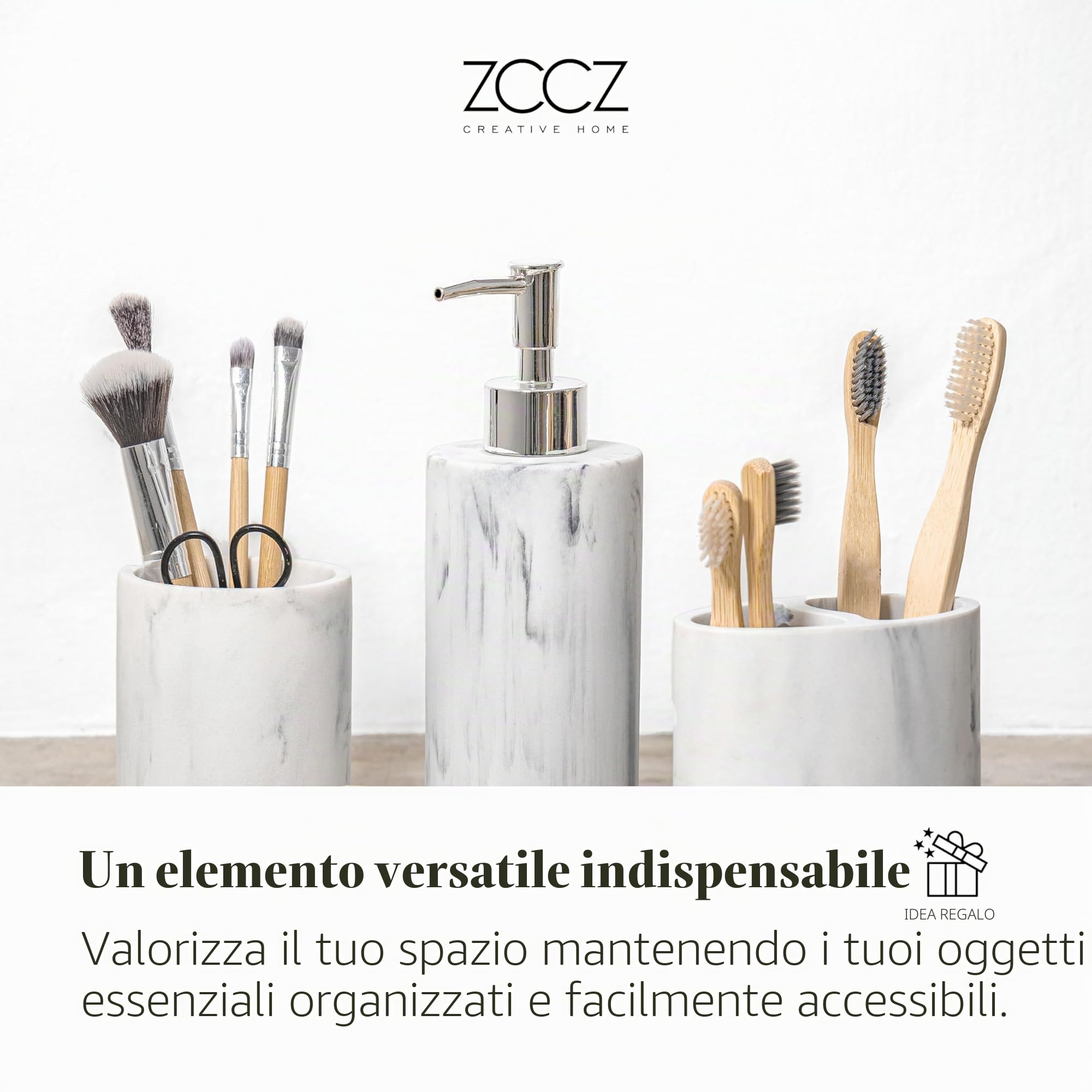 ZCCZ Set di accessori da bagno 4 pezzi, accessori decorativi per il bagno con dispenser di sapone, portaspazzolino, bicchiere da bagno, portasapone, effetto marmo, set di accessori da bagno bianco