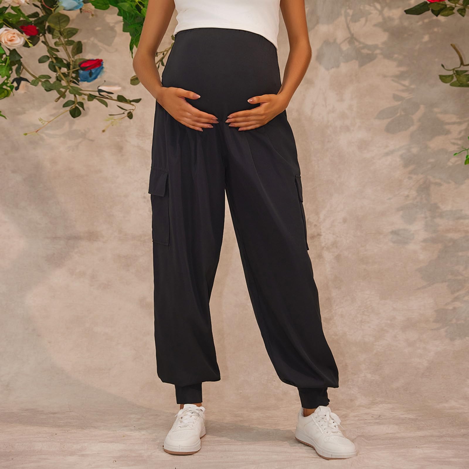 Generisch Pantalon de grossesse streetwear, pantalon cargo taille haute, jambe droite, coupe ajustée, vêtements de grossesse confortables avec plusieurs poches