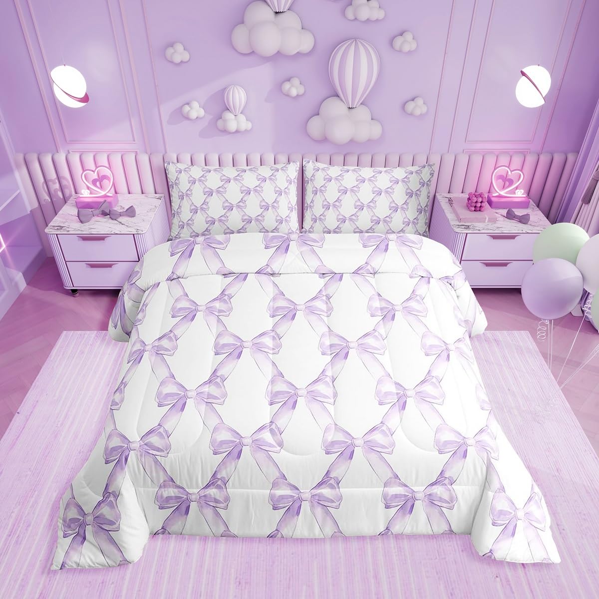 Erosebridal Bow Bedding Comforter Sets Dreamy Princess Style Bowknot Bedding Set Purple Watercolor Bow Tie Comforter Set Twin Size for Kids Boys Girls