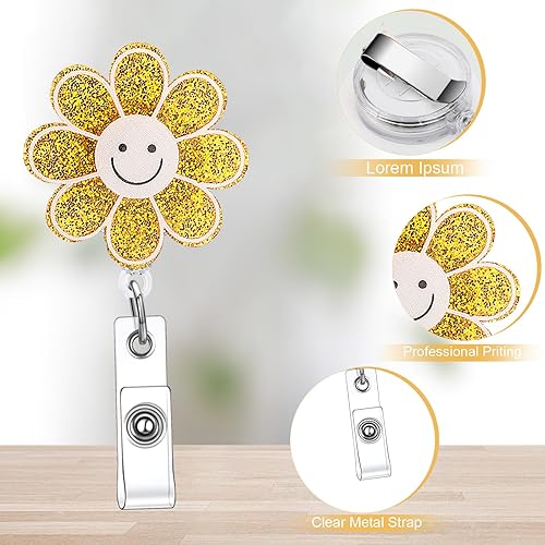 Miniatura 3 de Remuuly Carrete retráctil de 8 piezas para identificación de enfermera, con purpurina, diseño de vaca, niño, margarita, sonrisa, carretes