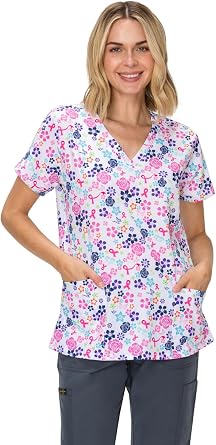 MediChic Scrubs Printed V-Neck Scrub Top - Four Pocket Fashion Scrub Top for Women