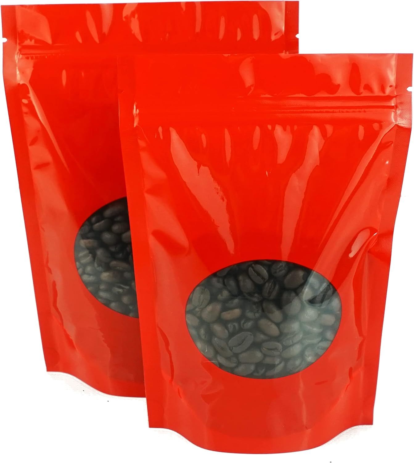 QQ Studio 50 Red Mylar Coffee Bags with Degassing Valve and Window, Heat Seal Stand Up Bags, 4.6 oz or 7 oz, Resealable Food Safe Coffee Pouches for Roasted Beans (4oz (5.5x7.9"))