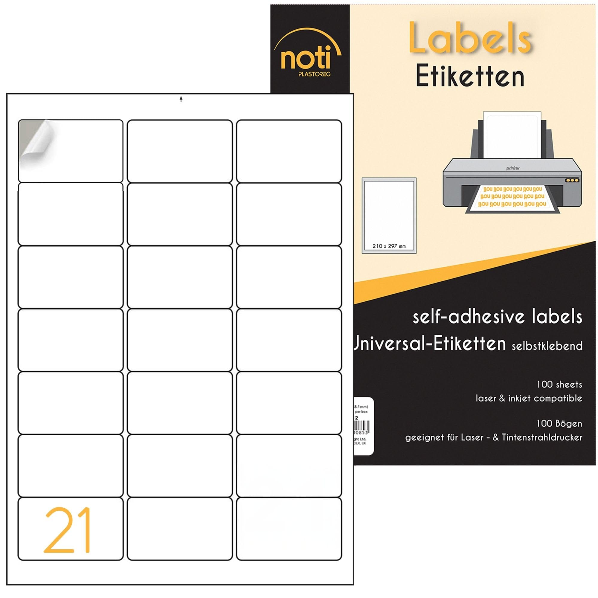 Noti 21 Labels per A4 Sheet, Self Adhesive Inkjet & Laser Printable Mailing Labels (A4 Pack 100) 63.5 x 38.1 mm