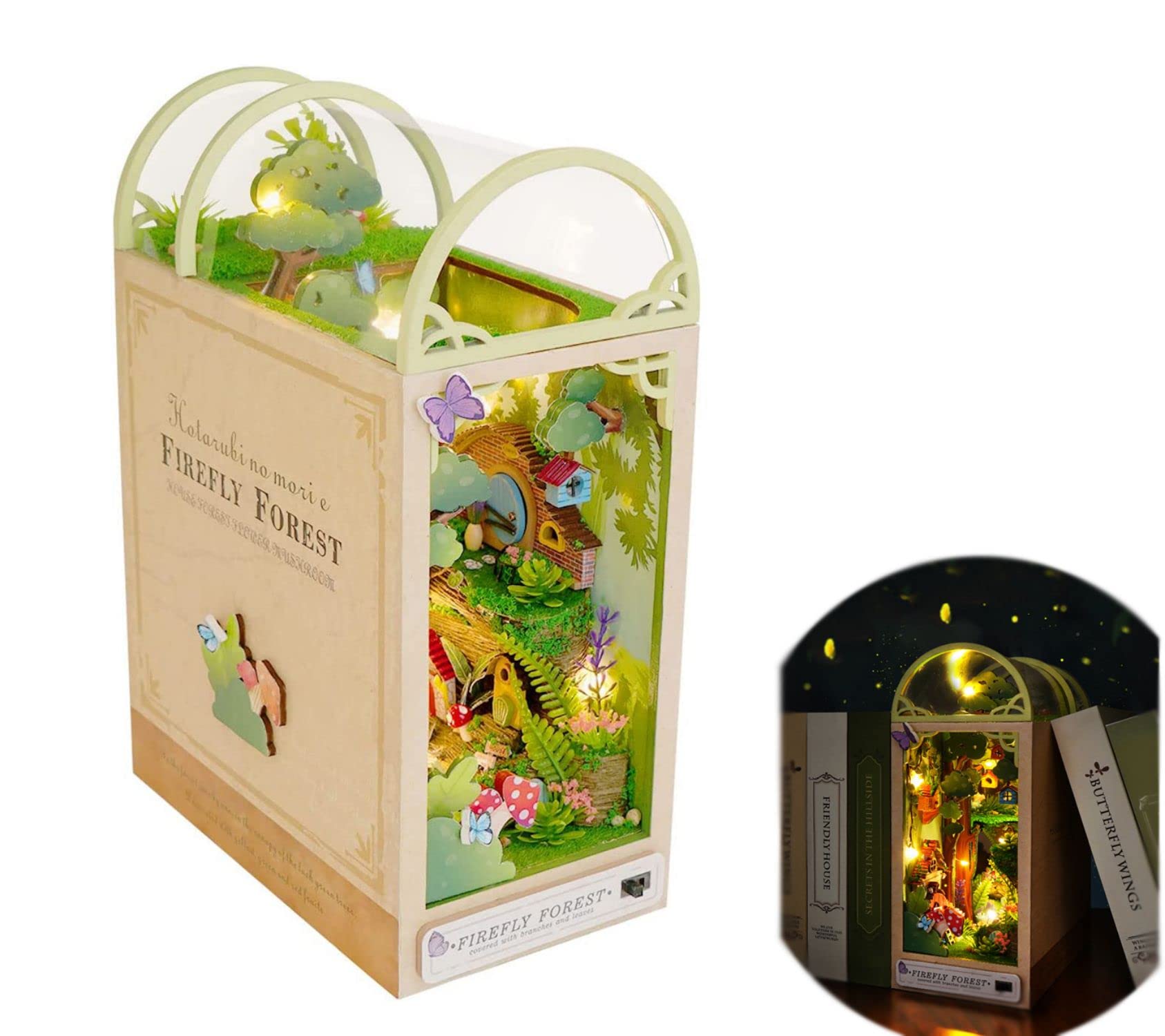 SYOSI DIY Book Nook Kit, DIY Dollhouse Wood Bookend, Booknook Bookshelf Insert, DIY Miniature Dollhouse Kit, Bookends Model Build for Adult, Gift for Birthday Mother's Day, Firefly Forest