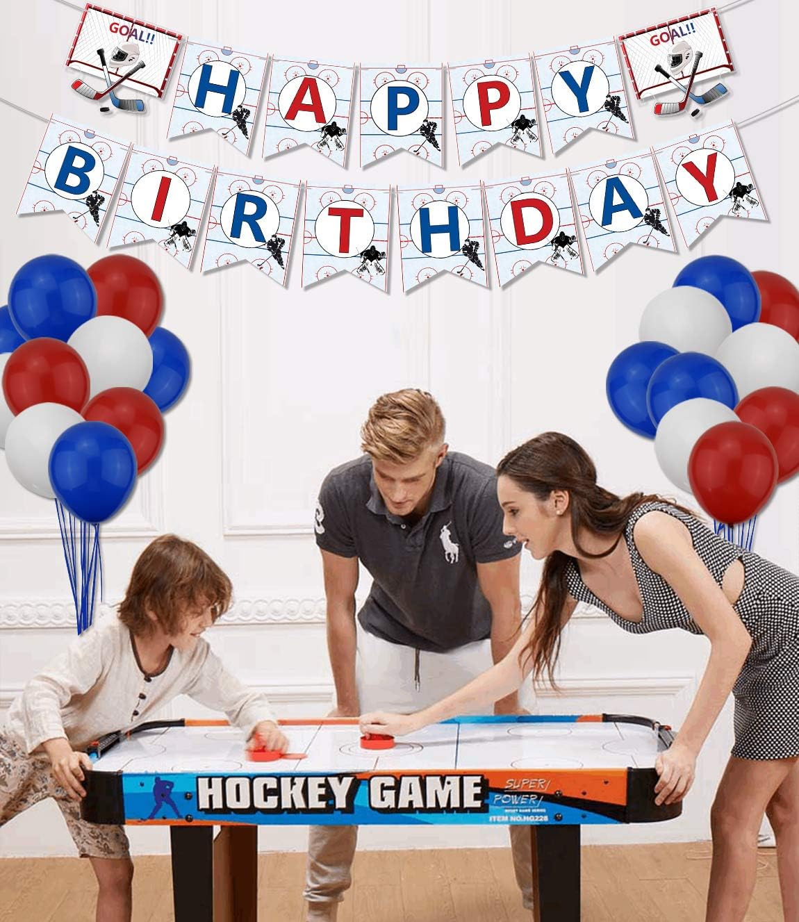 PIXHOTUL Hockey Birthday Party Supplies, Ice Hockey Themed Happy Birthday Banner, 7 Hanging Swirls, 1 Table Cloth, 10 Cake Toppers, 30 Balloons for Kids, Hockey Fans Birthday Party Decorations : Home & Kitchen