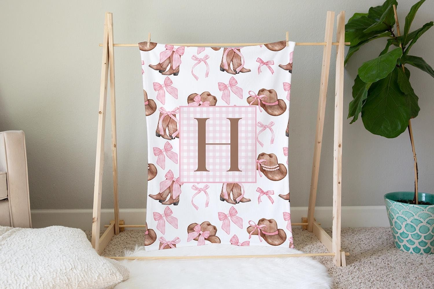 Pink Boots and Bows Baby Girl Blanket, Personalized Cowgirl Name Blanket, Coquette Nursery Décor, Cowgirl Crib Bedding