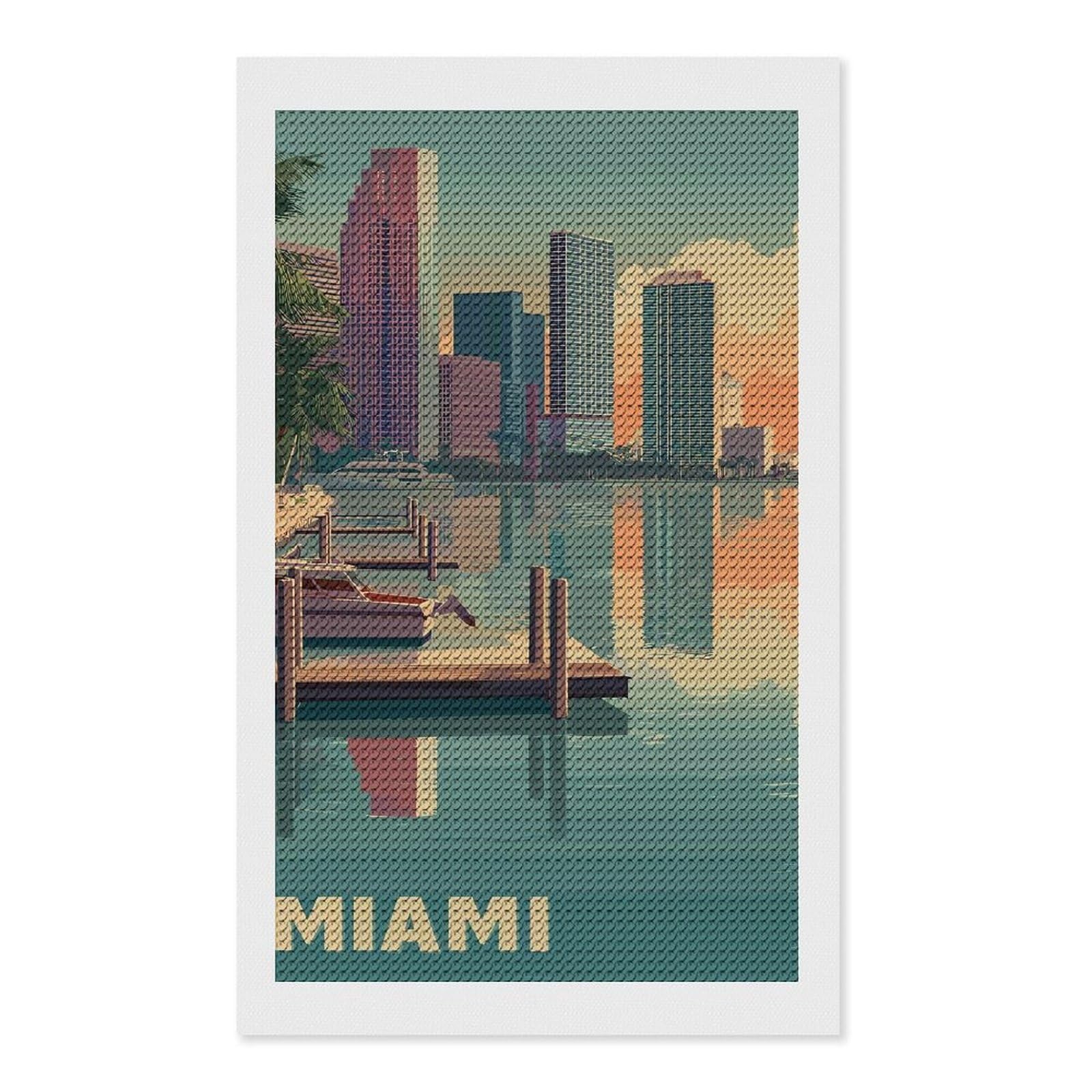 Junmoney Miami Cityscape with Boats and Docks Diamond Art Kit 12"x20", Neat Printed Canvas, Finish and Display, Relaxing DIY Hobby, Living Room Decor