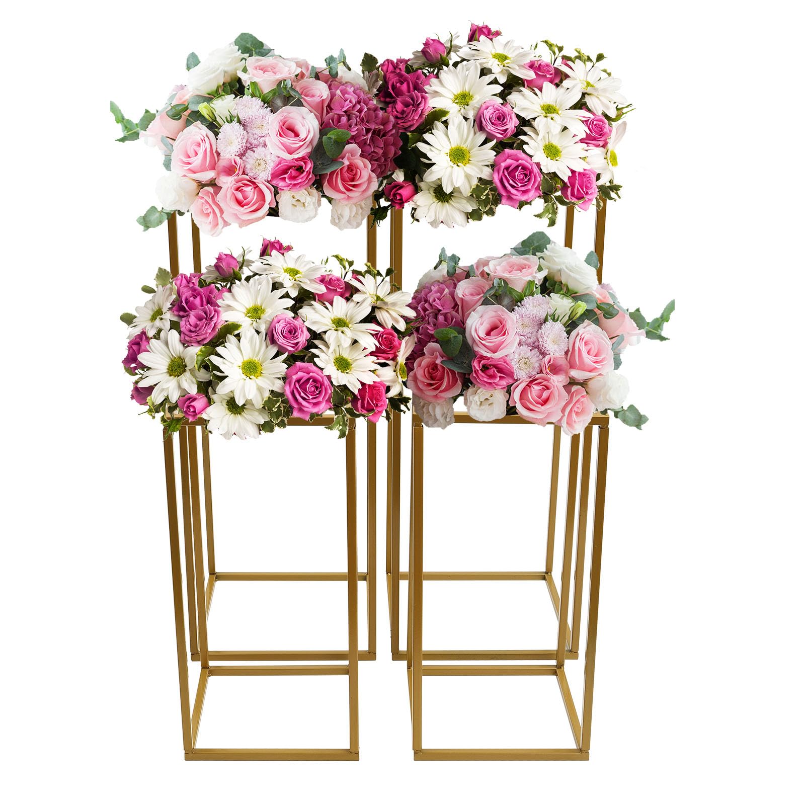 Juego de 4 soportes para flores, 40 + 60 cm, decoración de boda, metal dorado con lacado en horno, jarrones de suelo estables (20 x 20 x 40 cm y 24 x 24 x 60 cm) para arreglos de mesa, recepción