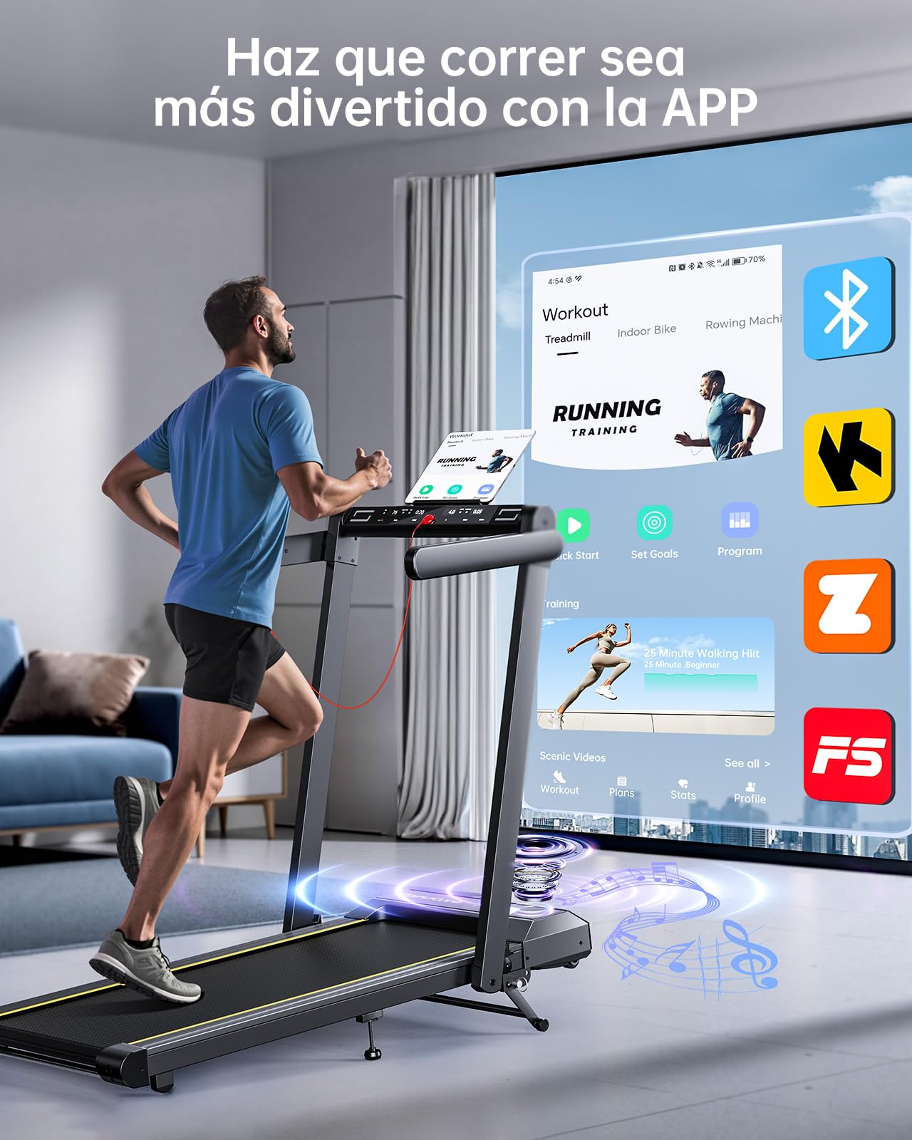 Cinta de Correr Plegable, 6 en 1 Cinta de Correr con Frecuencia Cardíaca | 1%-6%-12% Inclinación, 16KM/H, Dual Pantalla, Bocina Bluetooth, App, Cinta de Andar para Hogar/Oficina