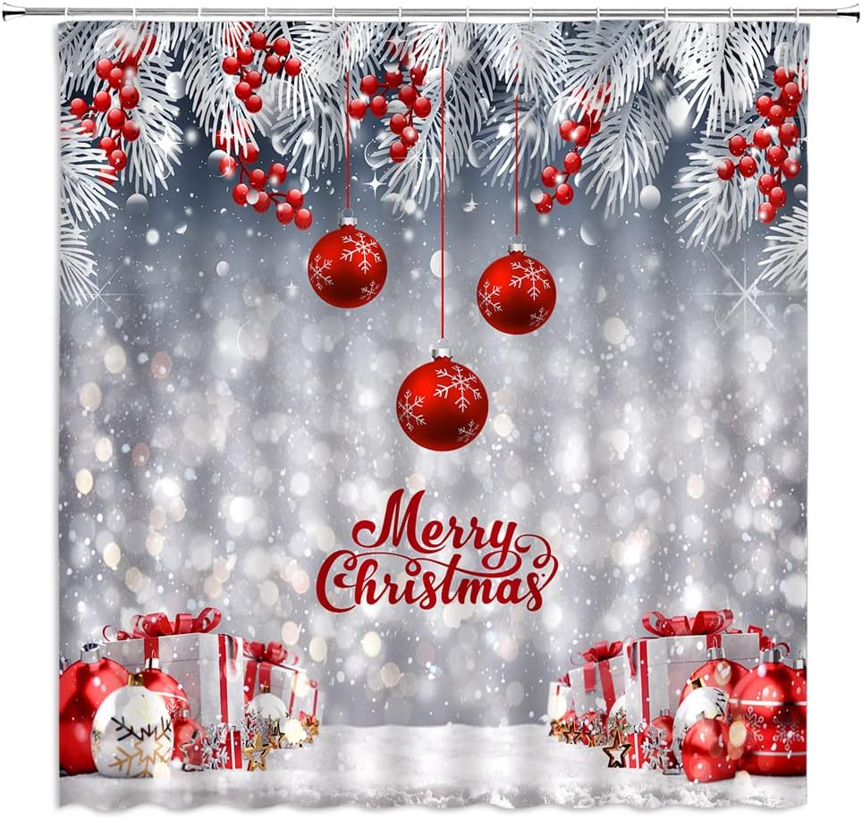 KDYDK Merry Christmas Shower Curtain Red Xmas Ball Silver