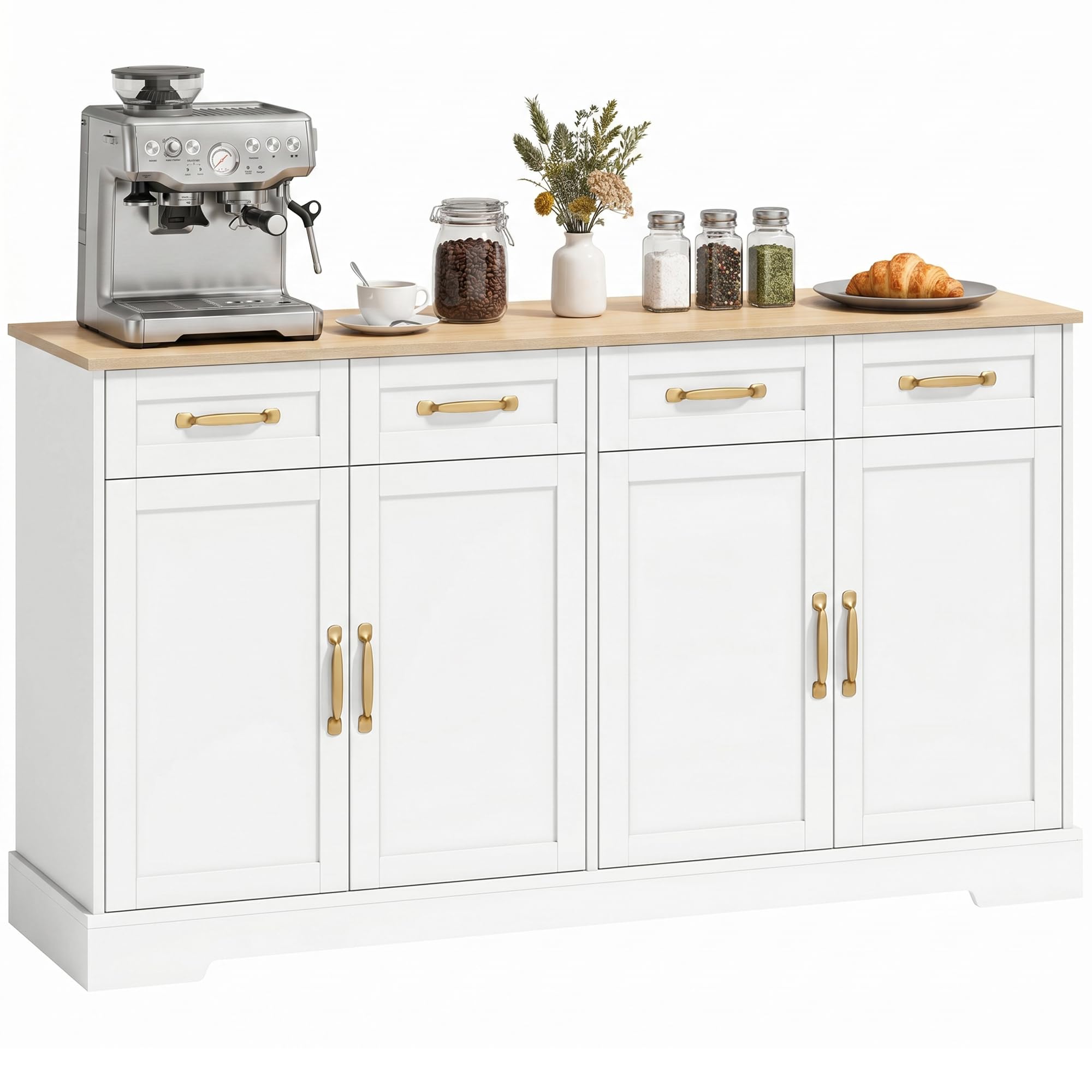 HOMCOM Sideboard Buffet Cabinet, 140 cm Modern Farmhouse Kitchen Storage Cabinet with 4 Drawers, 4 Doors and 2 Adjustable Shelves, Coffee Bar Station, White