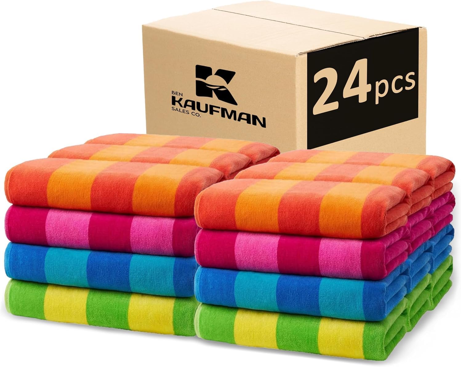 Kaufman - Soft Oversized Beach Towels in Bulk | 30" x 60" Velour Striped Beach Towel | Absorbent, Quick-Drying | 100% Cotton Thick Beach Towels (12-Pack)