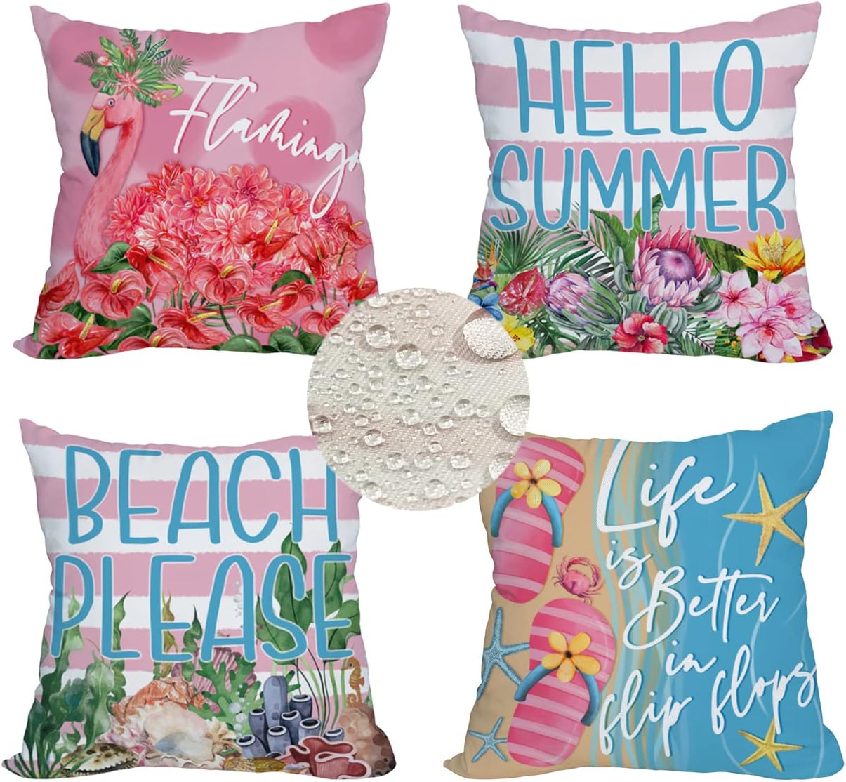 Fukeen 4 Pack Waterproof Outdoor Summer Beach Throw Pillow Covers 24x24 Inch Flamingo Flip Flops Tropical Flower Starfish Farmhouse Decoration Pillow Cases Blue Ocean Sea Sand Cushion Cover