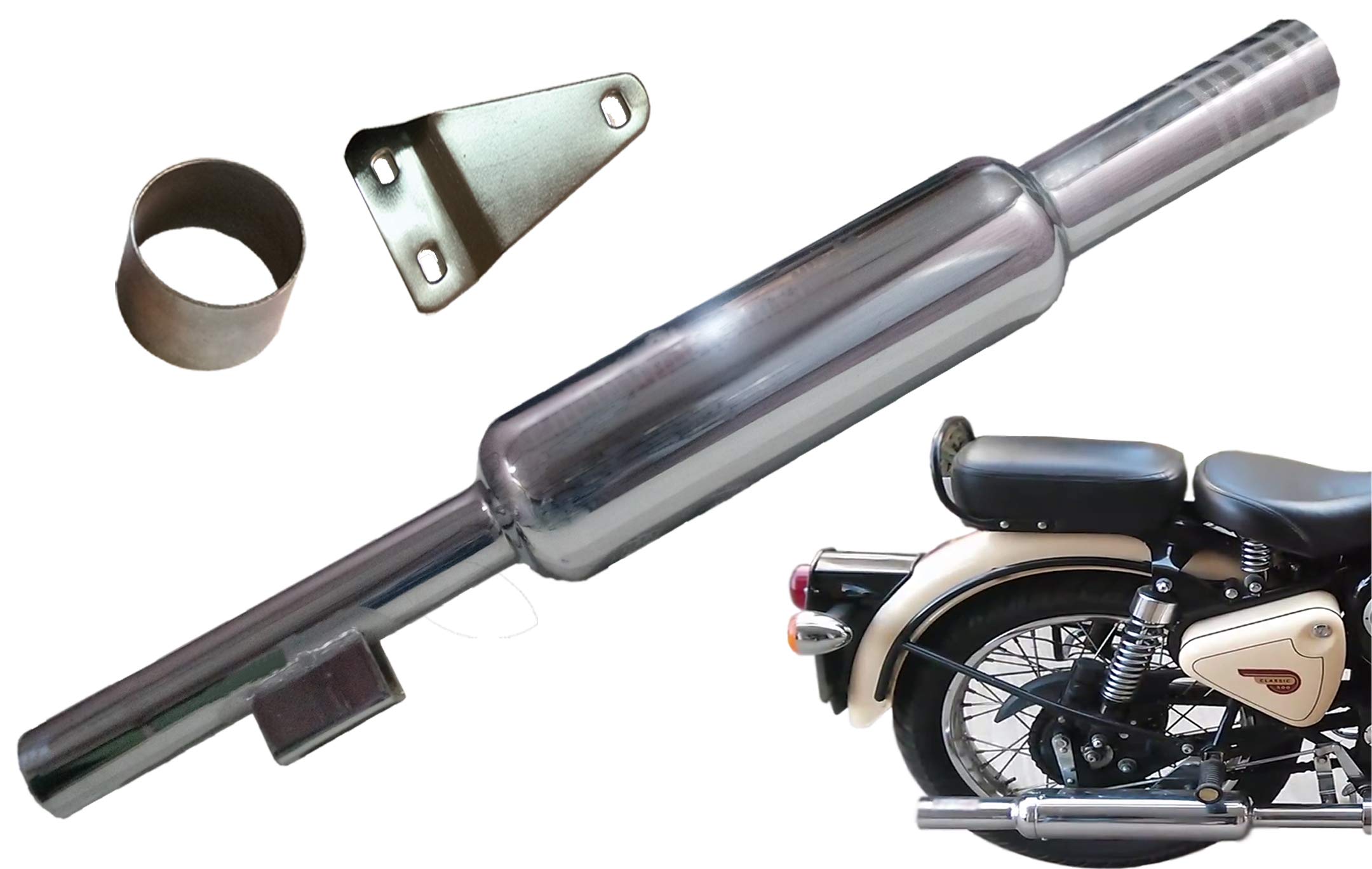 Blue Sky 01 Bike Silencer Exhaust Short Bottle Glasswool Mini Punjab Dholki Filter Chrome Bullet Exhaust With Zed Clamp & Bush for Royal Enfield Bullet Thunder Bird 350-image-20