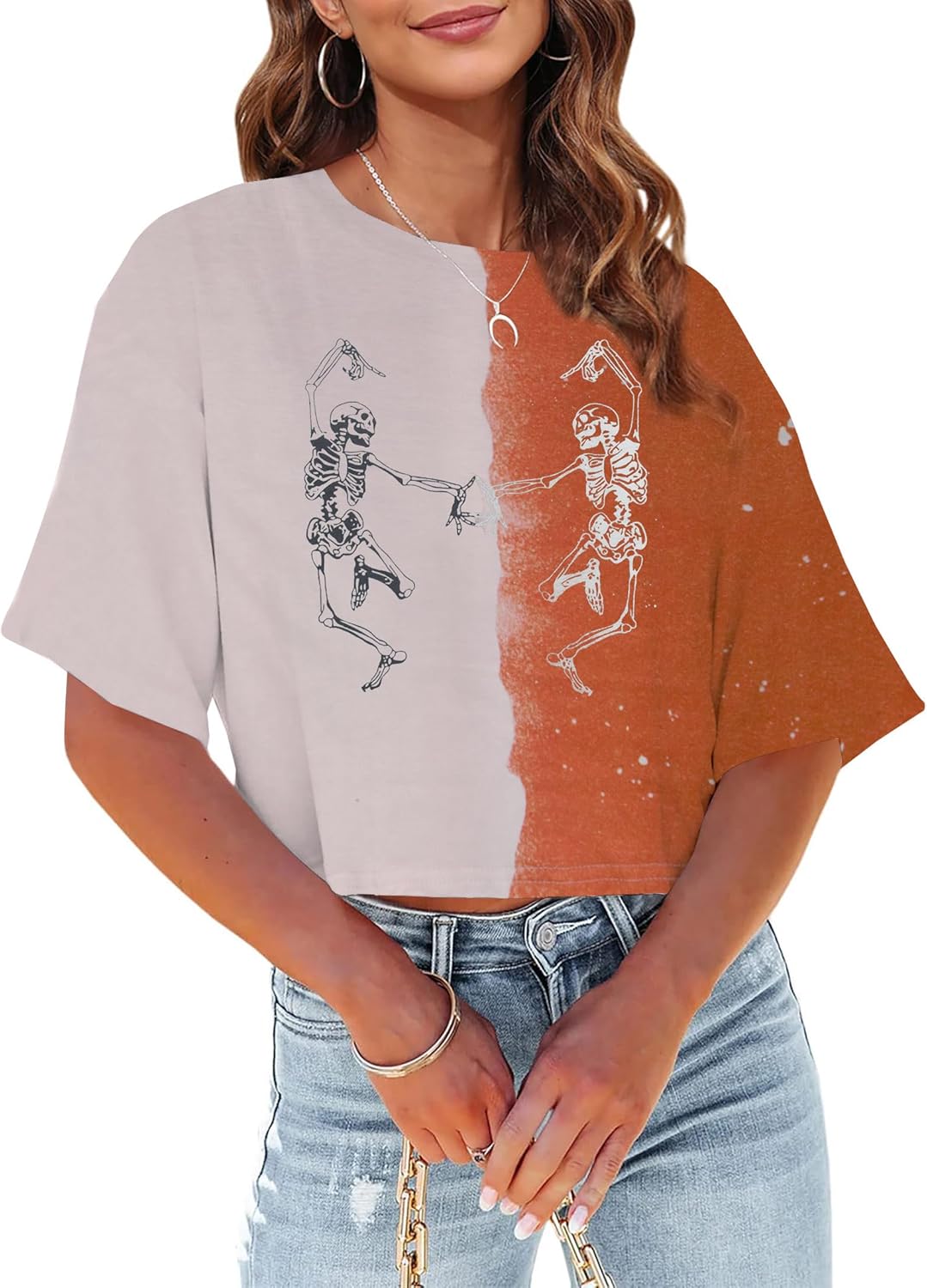 Women Crop Tops Halloween Dancing Skeleton Shirts Fall Pumpkin Tshirts Skull Graphic Cropped Tee Small Dance-brown