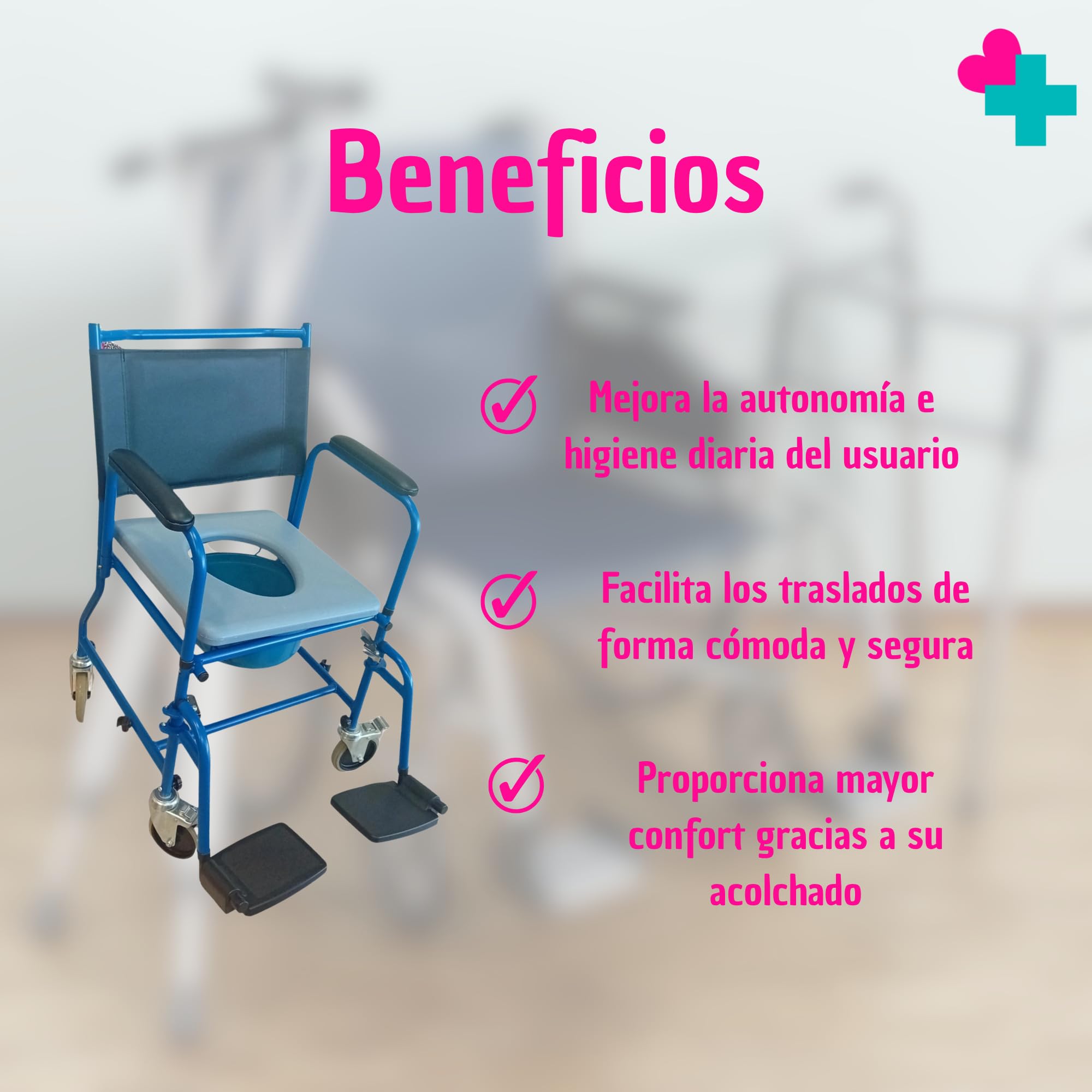 GERCARE Silla Ducha con Ruedas de Traslado con Cubeta. Silla WC Personas Mayores con Estructura de Acero Resistente. Silla Baño Adulto con Reposapies. Ideal para Baño, Traslado y Cuidado de Mayores