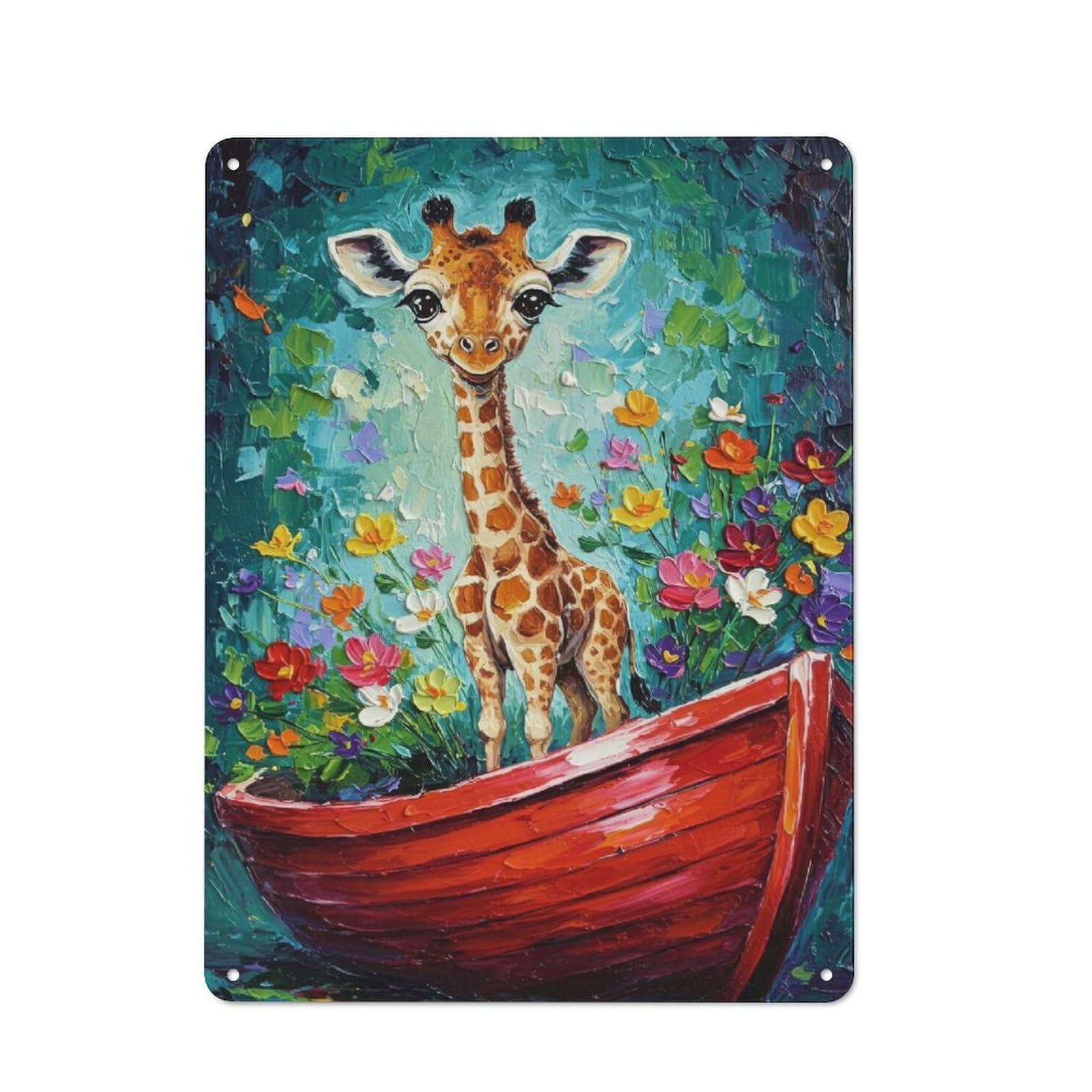 Junmoney Giraffe In Boat Painting Retro Metal Plaque 40X30cm For Lounge Or Reading Corner, Suited To Lounge Decor Fans