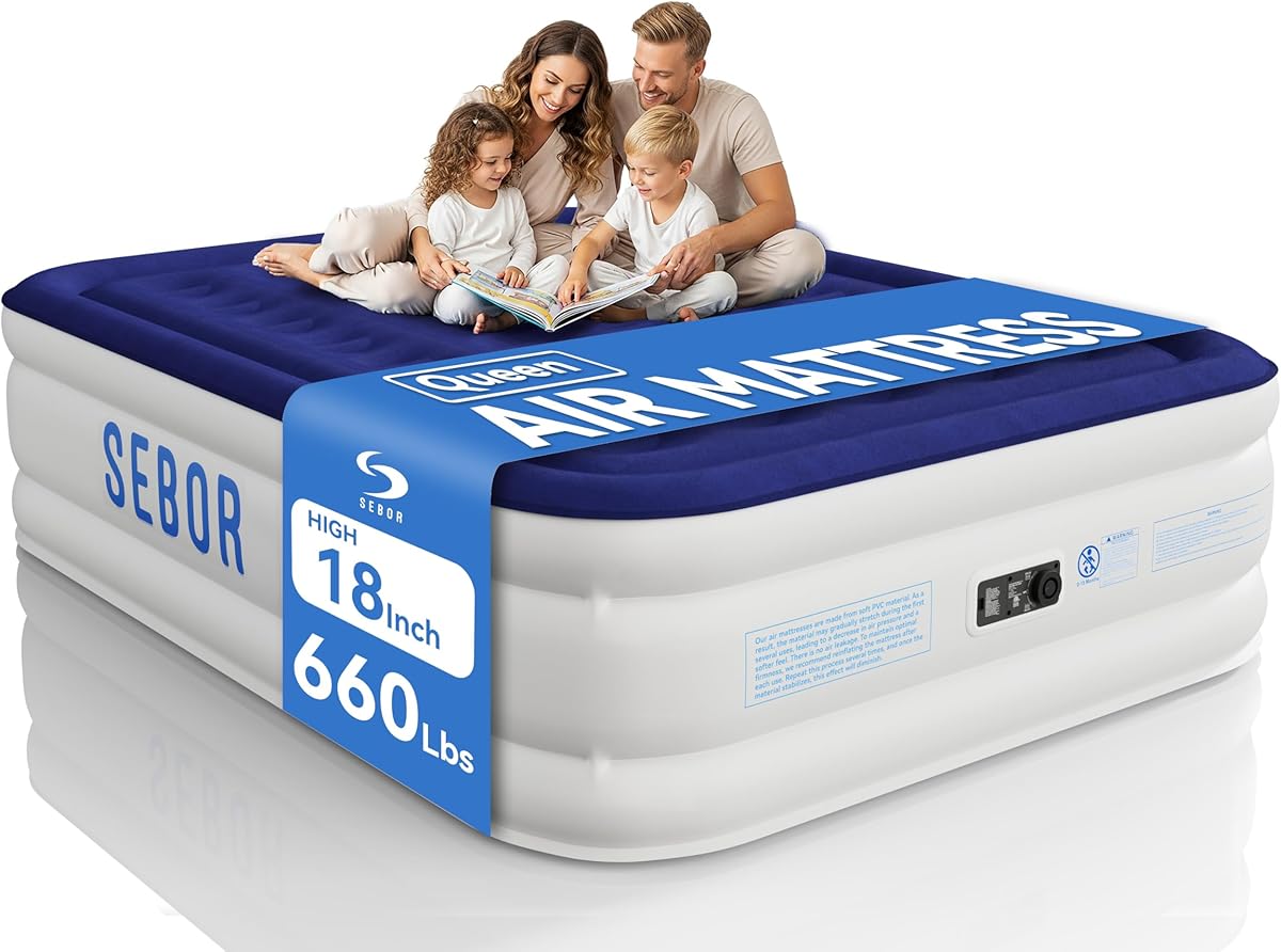 Sebor Air Mattress Queen with Built-in Pump 18", Comfortable Self-Inflating Air Mattress with High-Speed Pump, Durable Blow Up Mattress Queen with Storage Bag for Guests, Camping, Travel