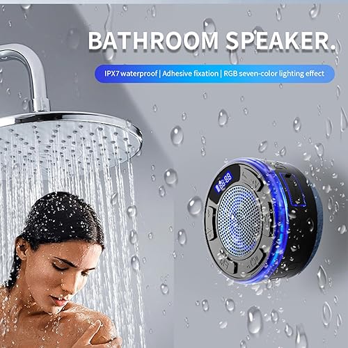 Miniatura 9 de IPX7 Waterproof Shower Speaker with RGB Light & LED Display, Portable Bluetooth 5.3 Suction Cup Radio for Bathroom Party Travel Beach Outdoor  Keeps