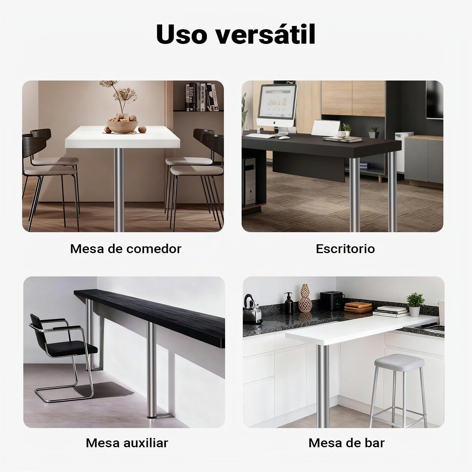 WilTec Juego 4 Patas Pies Acero Inoxidable Níquel Mesa Mueble Adjustable Regulable Altura Ø60mm 1100mm