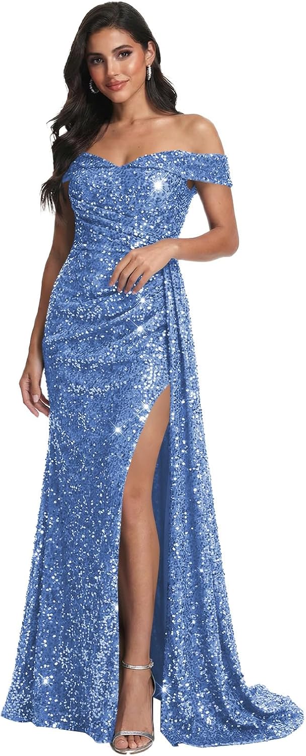 Steel Blue Sequins Mermaid Prom Gowns for Teens Plus Size Bodycon Formal Dress with Slit for Women 2026 Off The Shoulder Long Prom Dresses with Train US Size 28W