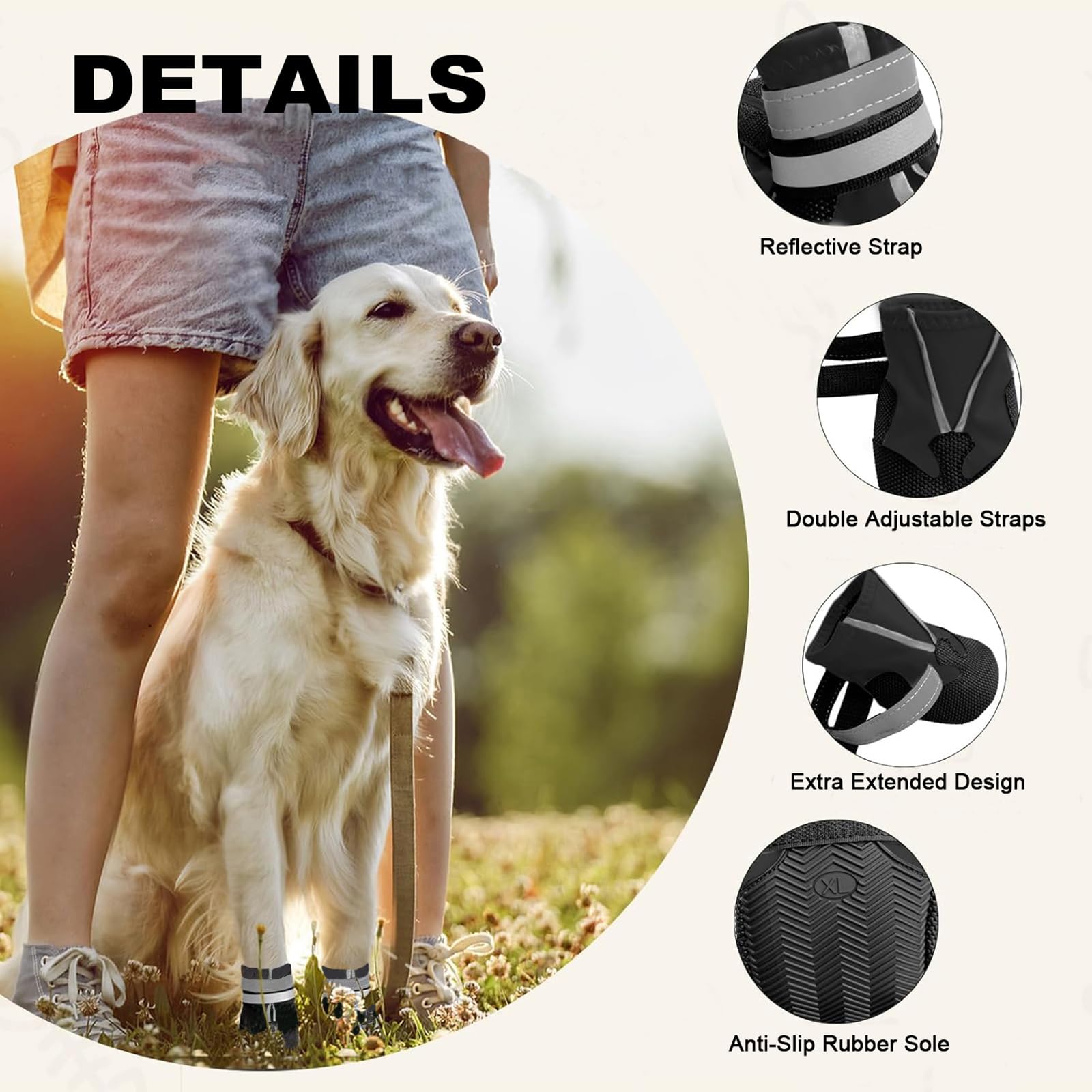 Scarpe per Cani, Set di 4 Stivali per Cani Impermeabile, Scarpe Cane con Cinturini Riflettenti e Suola Antiscivolo per Protezione Le Zampe per Cani (Nero, XL)