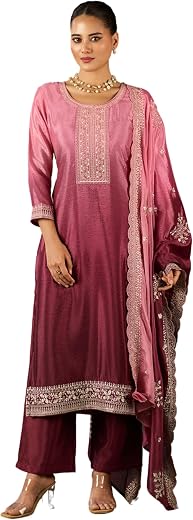 Saanjh Women's Pink Poly chiffon Embroidered Kurta set with dupatta|| Kurta set || Salwar suit set for woman ||Suit set