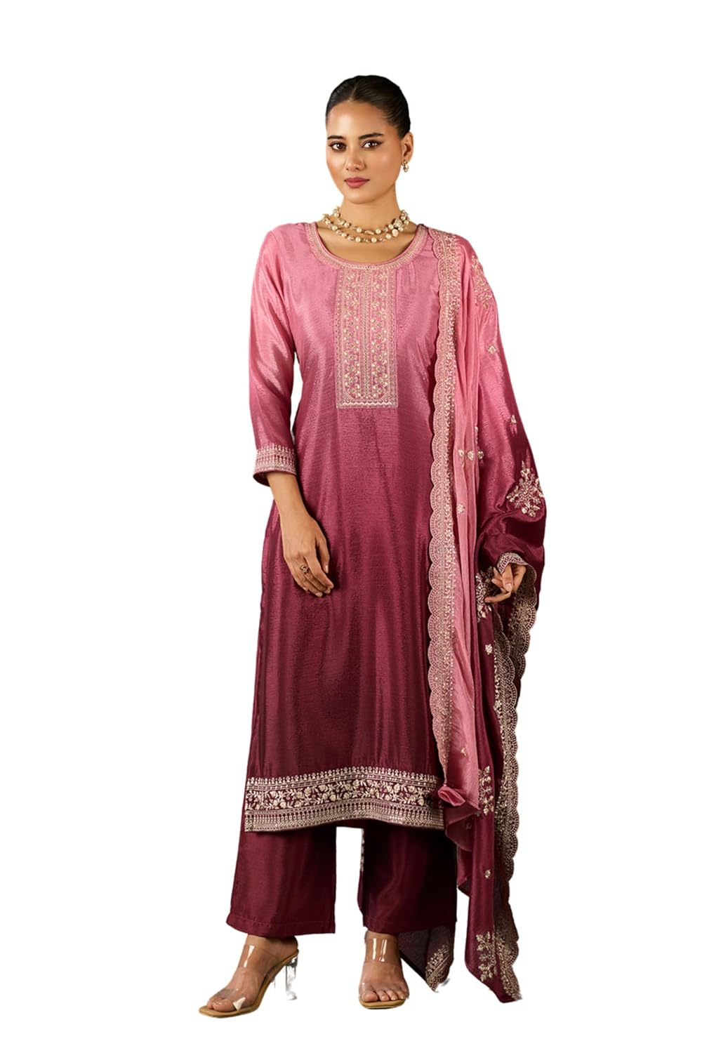 Saanjh Women's Pink Poly chiffon Embroidered Kurta set with dupatta|| Kurta set || Salwar suit set for woman ||Suit set