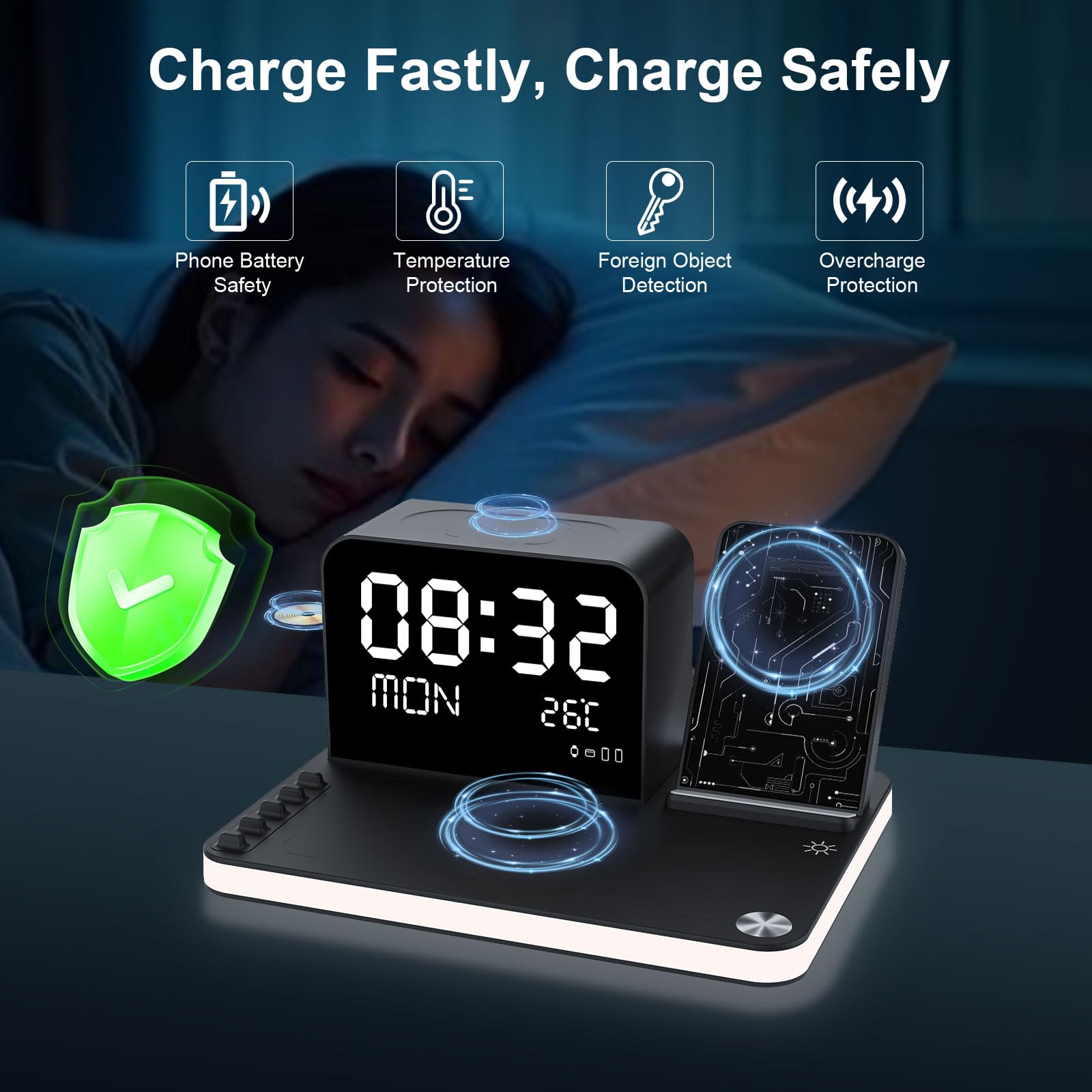 7-in-1 kabelloses Ladegerät mit Uhr, Temperatur & Datum, kompatibel mit iPhone 17/16/15/14/13 Pro Max, AirPods & Apple Watch, kompatibel mit Samsung S25/S24, einstellbares Nachtlicht, 33W-Adapter