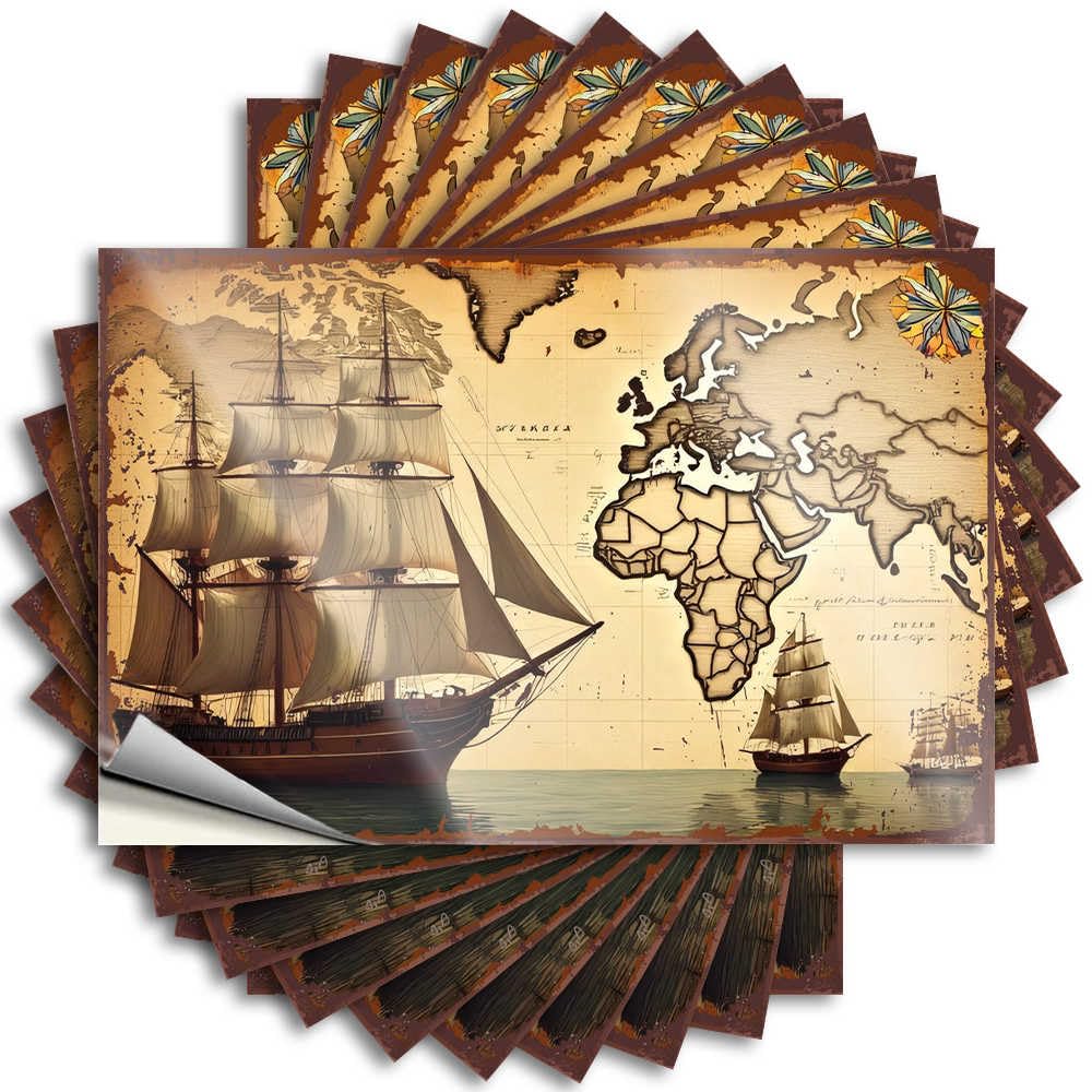 Fzfn Colour Music Decal Durable Garage | Vintage Map With Sailing Ships: Navigating The World's Oceans Tiny Self Adhesive Sticker For Water Diy(8X12cm)