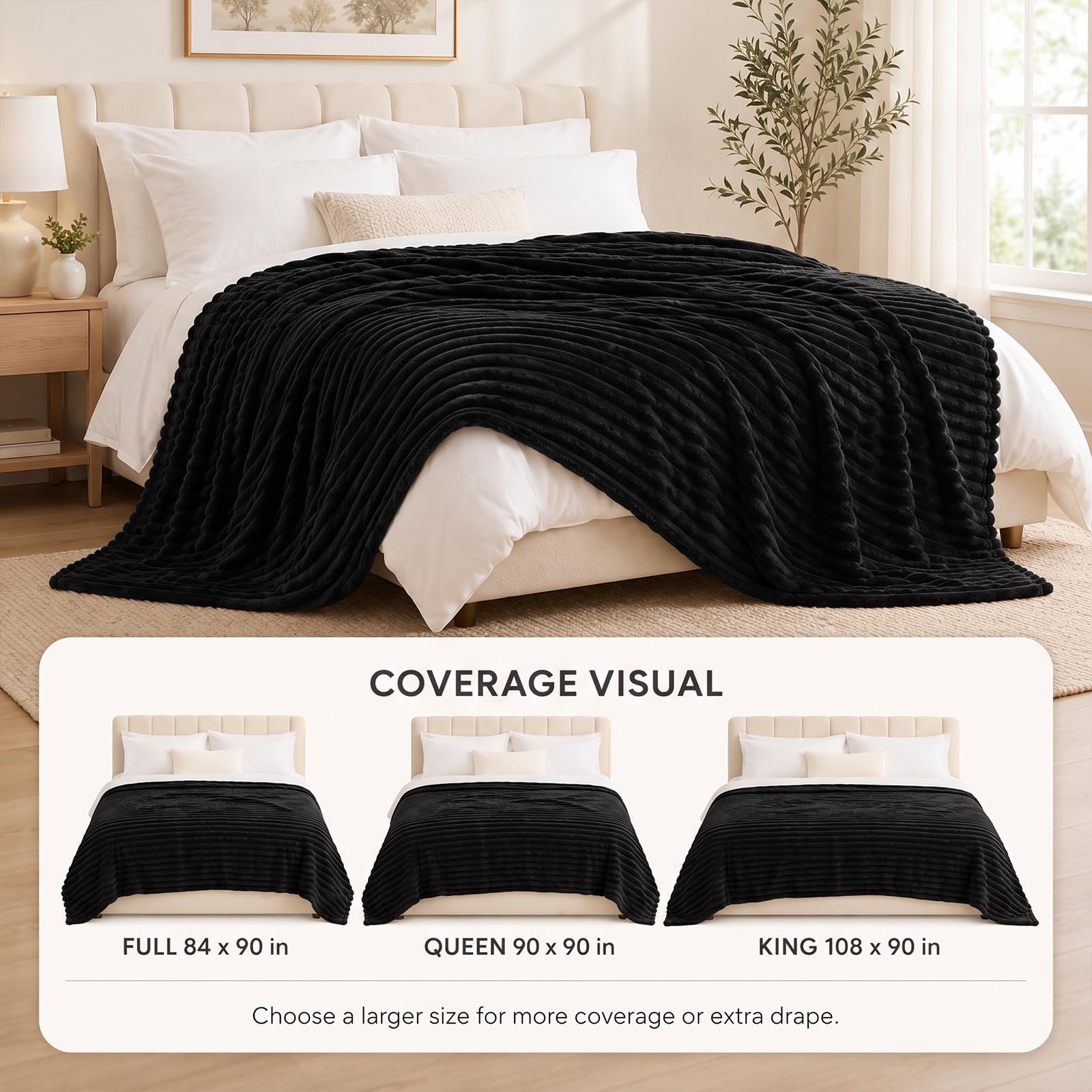 HIMEET Black Full Size Blanket for Bed, 300GSM Ribbed Fleece, 84 x 90 in view 3