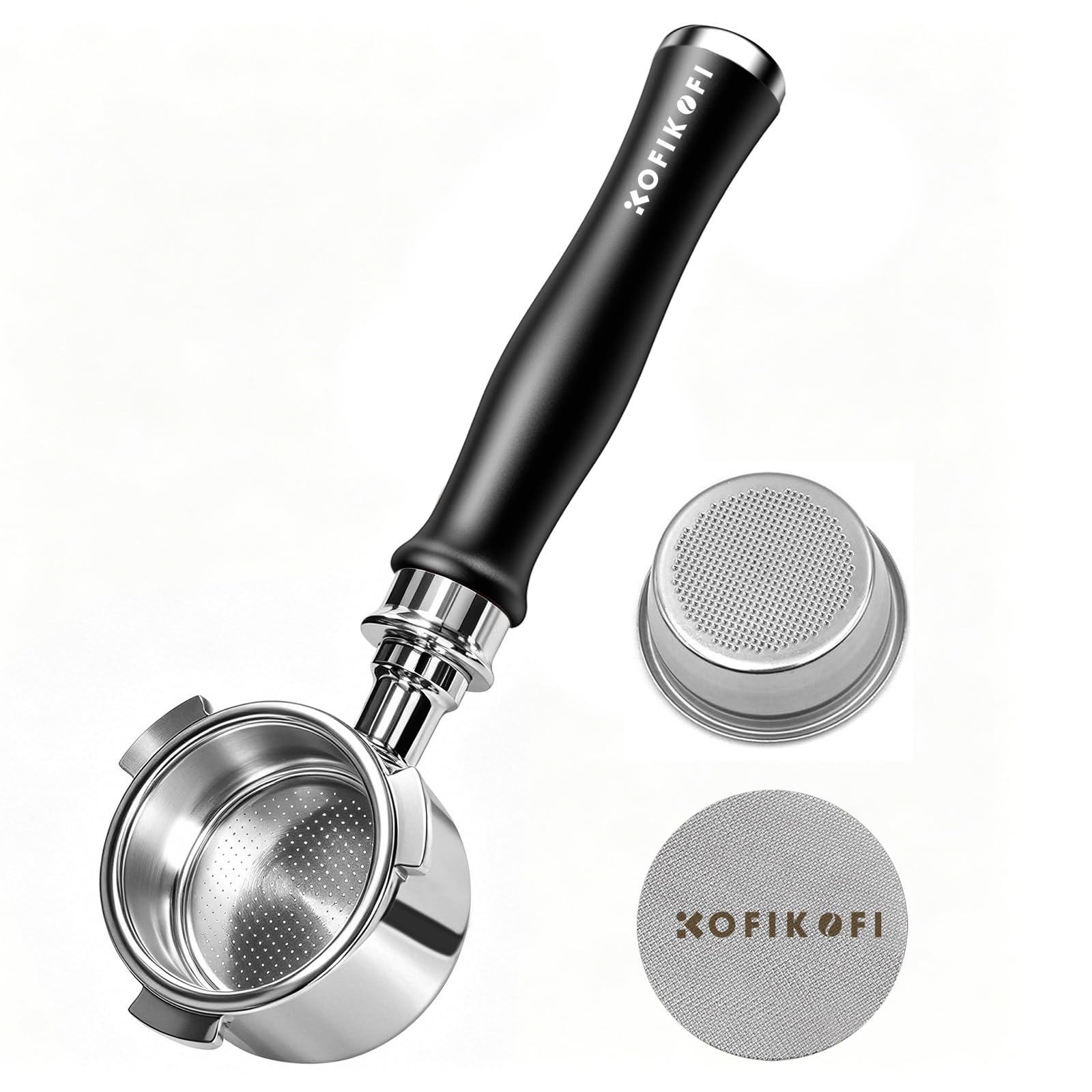 KOFIKOFI Porte-filtre sans fond de 51 mm, 3 oreilles, compatible avec DeLonghi Dedica EC680/EC685/EC885, Smeg, EUPA, porte-filtre en acier inoxydable avec tamis à puck, panier filtrant