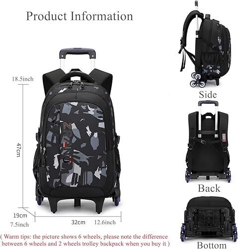 Miniatura 2 de EKUIZAI Mochila negra con ruedas para niños, mochila con ruedas, Rueda Azul-6