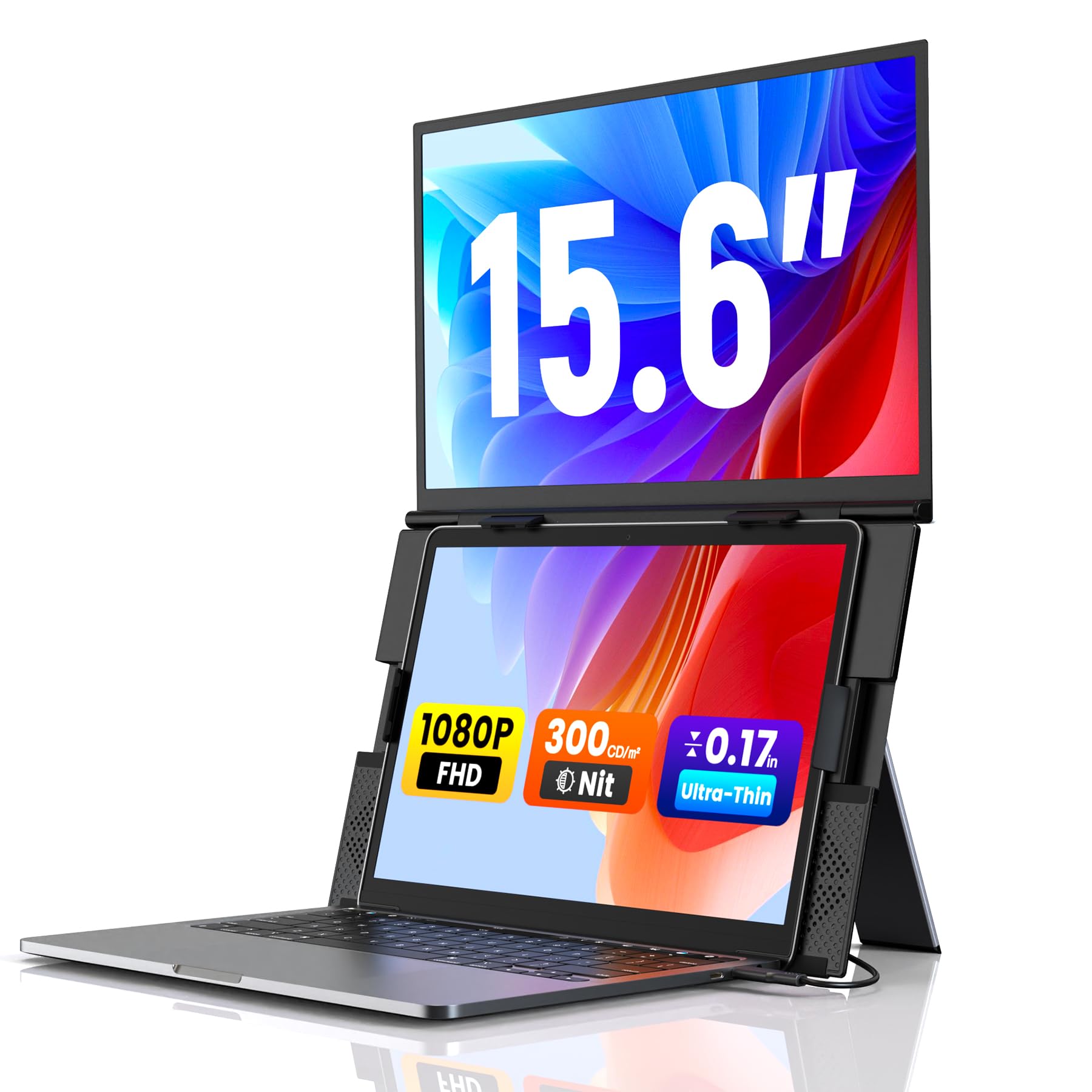 SMISEACOW Laptop Screen Extender 15.6" for 13-17.3'' Laptops, Portable Dual Monitor for Laptop, Ultra-Slim Clamp-On Vertical Dual IPS 1080P Screen Monitor Extender, USB-C HDMI for Office Travel