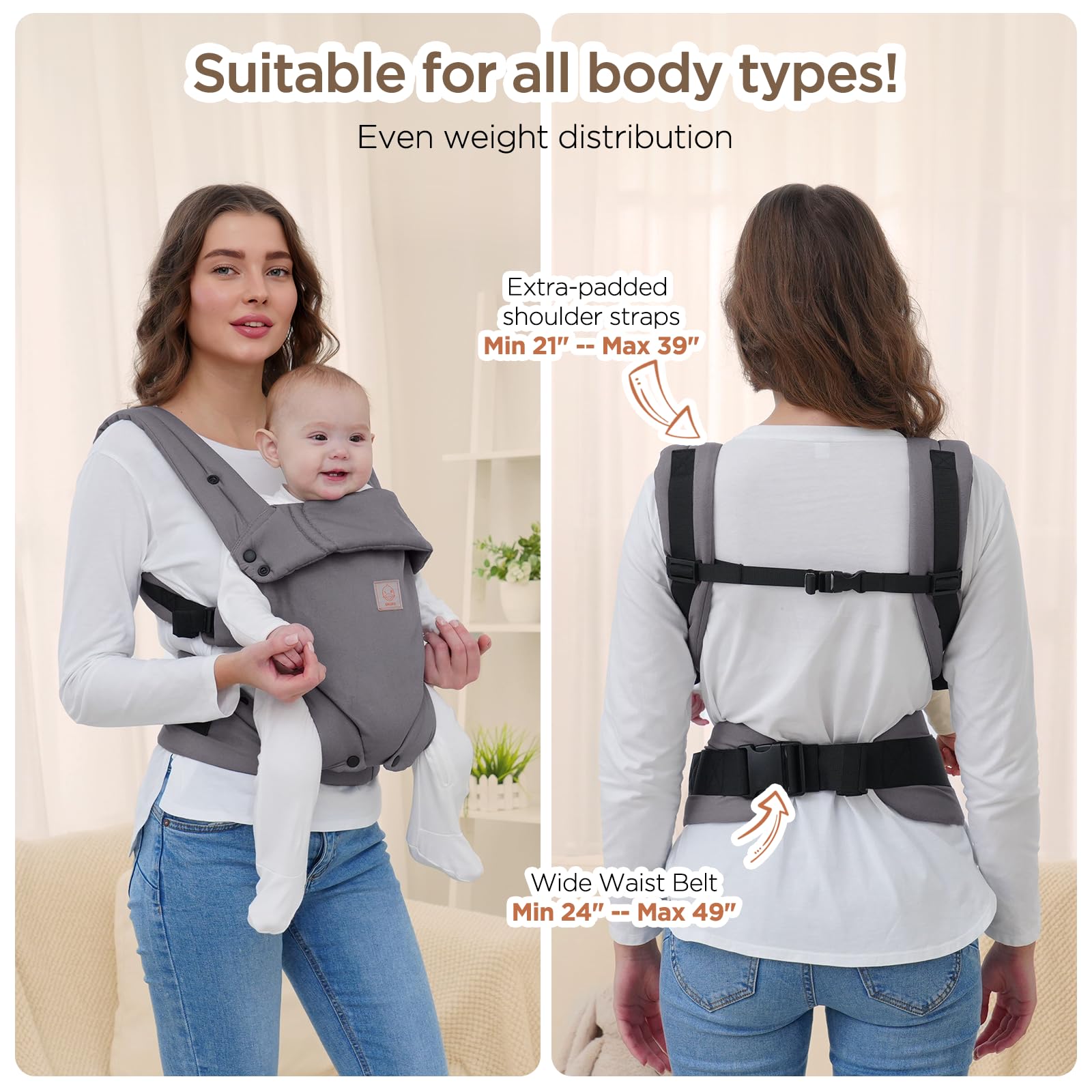 GAGAKU Baby Carier - Portabebés ligero y ergonómico para niños pequeños de 7 a 33 libras, suave y transpirable 4 en 1 con soporte para la cabeza, fácil de llevar, comodidad manos libres, color gris - 4