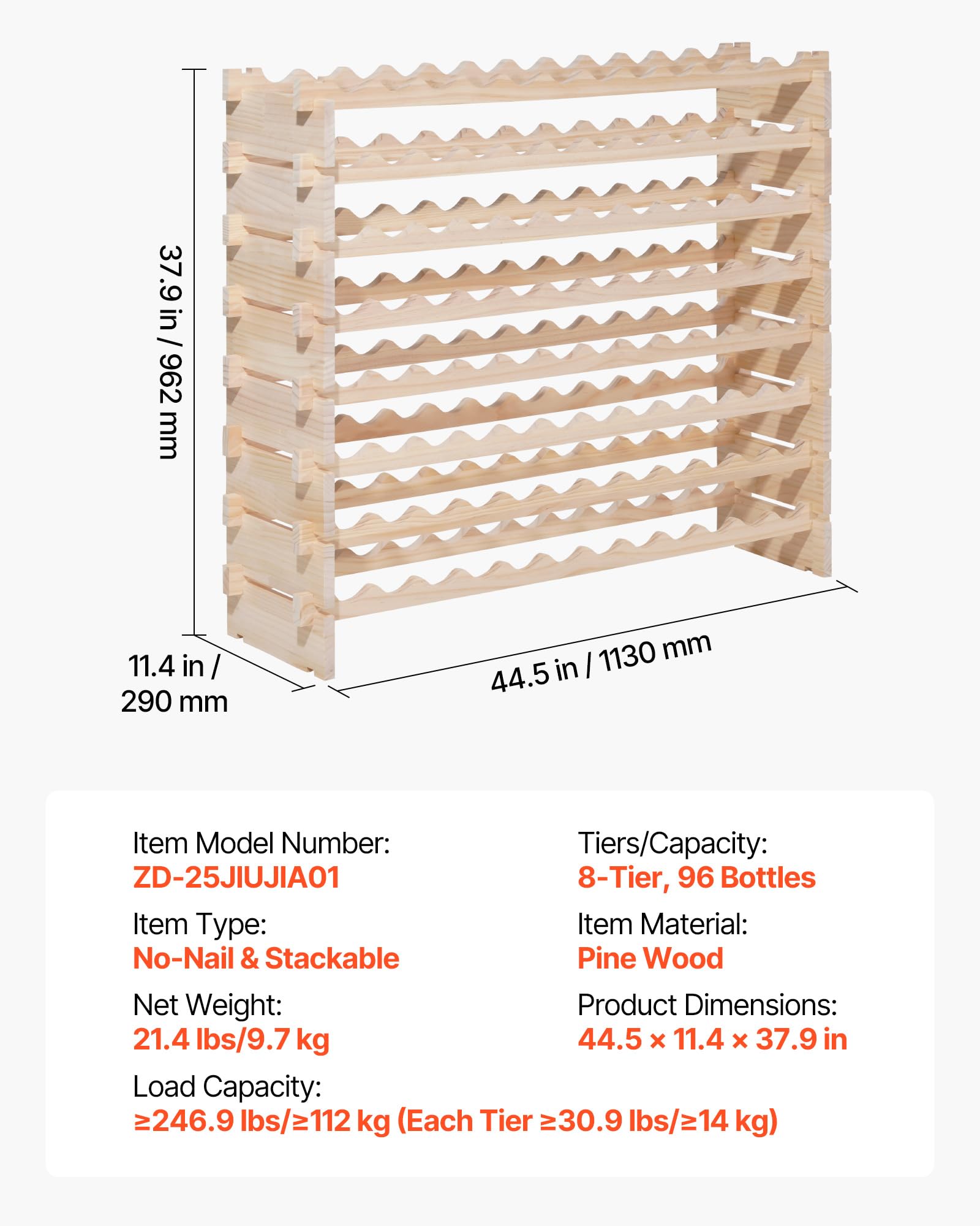VEVOR Cantinetta Vino in Legno di Pino per 96 Bottiglie 8 Ripiani, Portabottiglie Indipendente con Capacità di Carico Totale di 112 kg, Portabottiglie per Cucina, Cantina, Bar, Sala da Pranzo