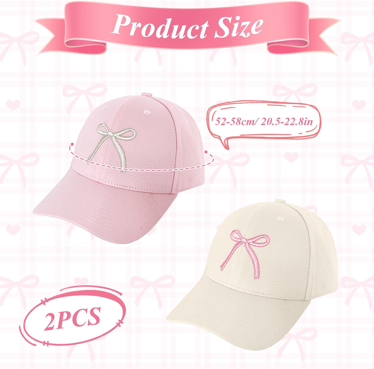 2-Pack Pink & White Bow Hat - Cute Embroidered Bow-tie Baseball Cap for Women Girls, Adjustable Cotton Coquette-Style Dad Hat for Sun Travel Sports Summer - Image 2