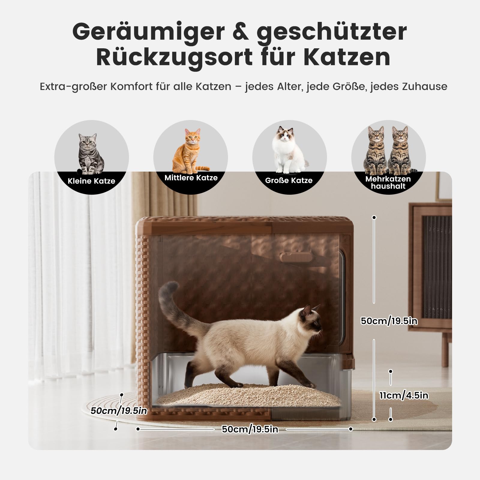 Gardner Pet Katzentoilette, 50x50x50 cm, Edelstahl Tablett, Rattan-Optik | Ausziehbares Edelstahl-Tablett, Für große Katzen, Aktivkohlefilterfunktion