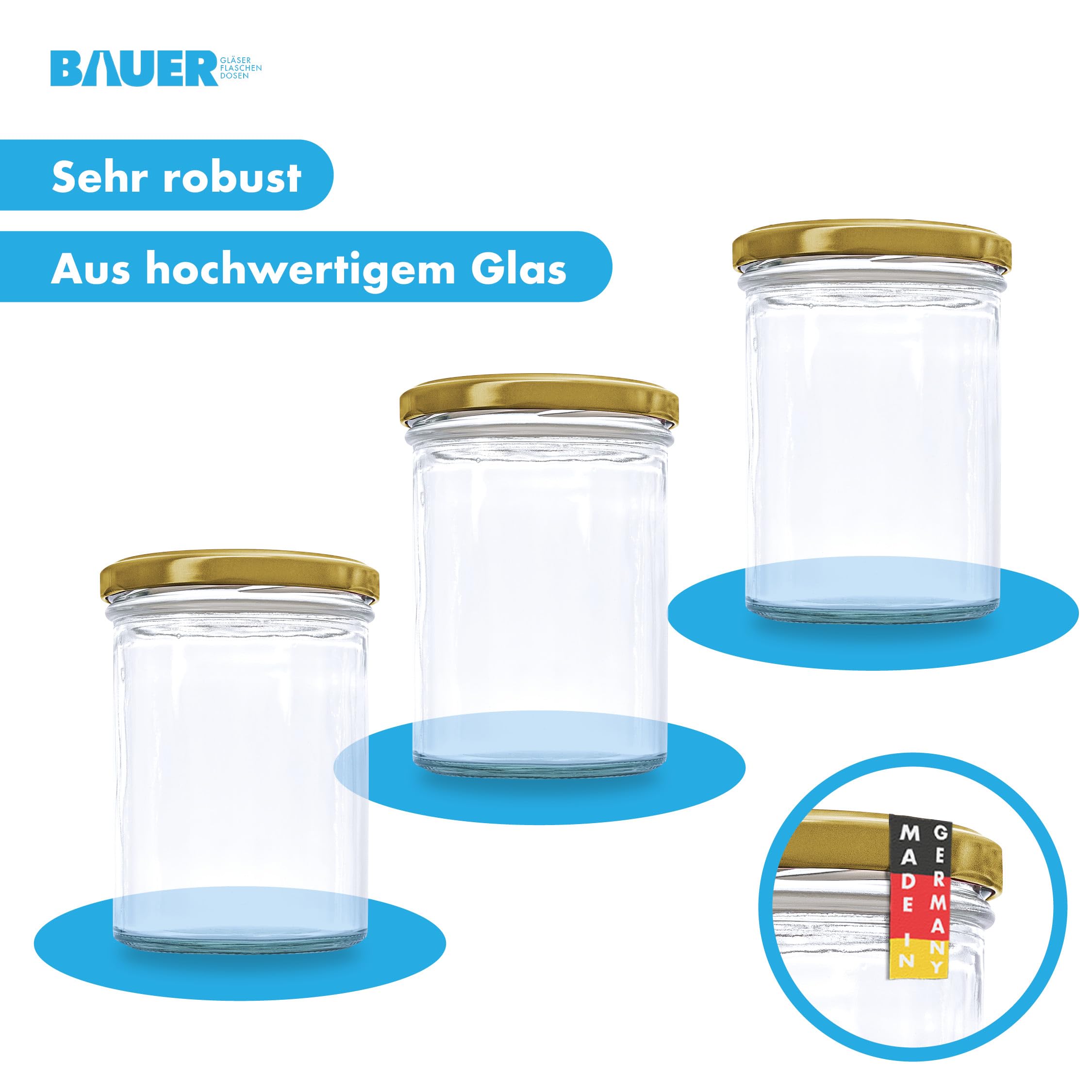 Flaschenbauer - Sturzgläser 430ml 96er Set - Einmachgläser mit Deckel TO82, Schraubgläser, Marmeladengläser, Einkochgläser zur Aufbewahrung, mit Twist-Off-Deckel - Made in Germany (Deckel Gold)