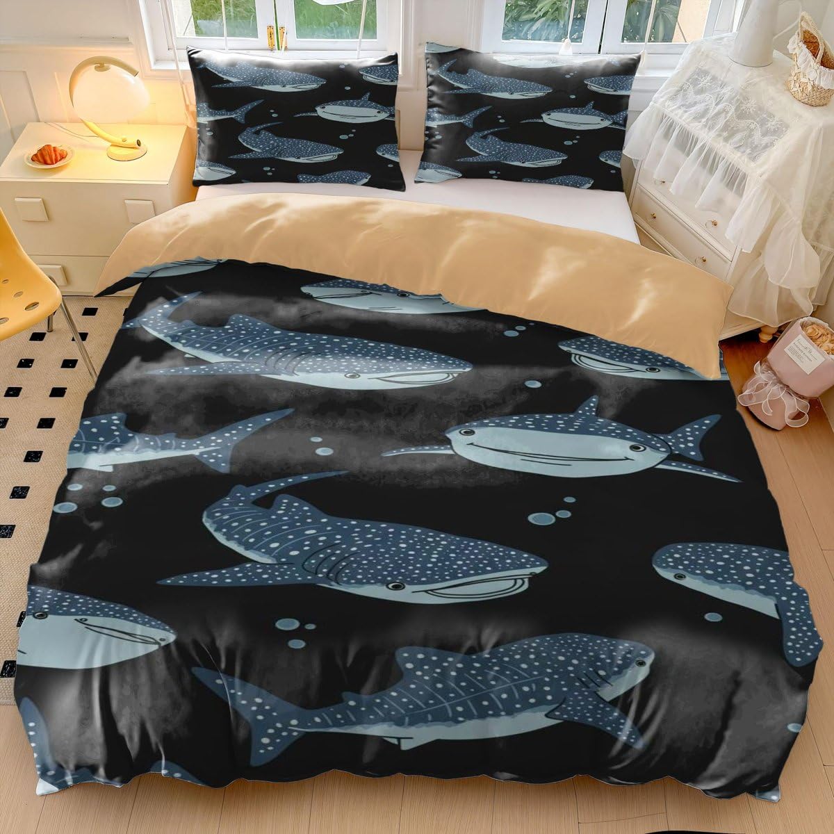 Whale Shark Duvet Cover, Cartoon Ocean Bedding Set Double, Dark Blue Under The Sea Bedding, 3 Pcs Comforter Cover, Kids Bedroom Decor (01,Single135x200cm+65x65cm*2)