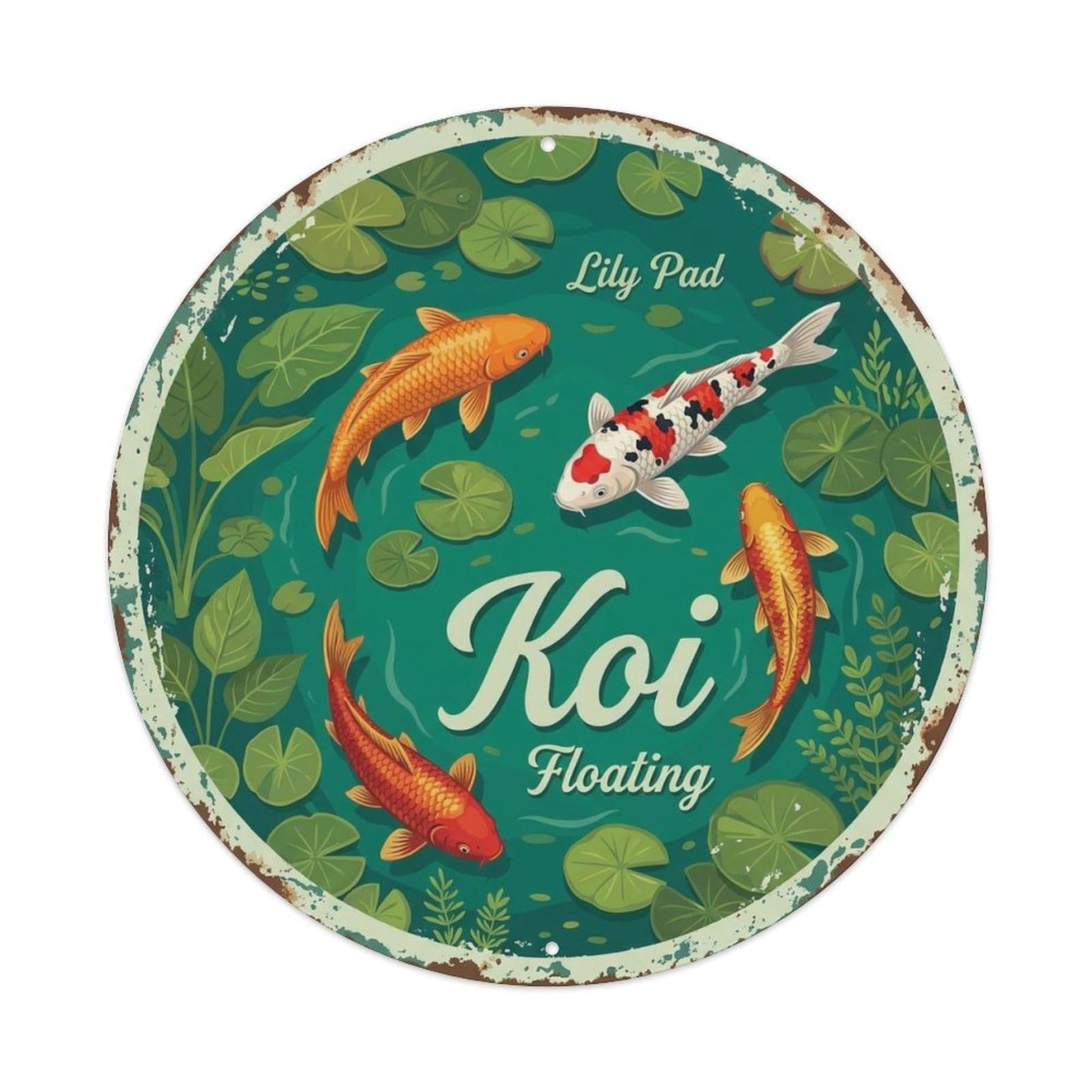 Koi Carp Botanical Lily Pad Blossom Motif Metal Tin Sign Plaque Wall Decor for Cafe, Man Cave, Club Bar, Office, Home Garden Round Metal Poster 8x8Inch