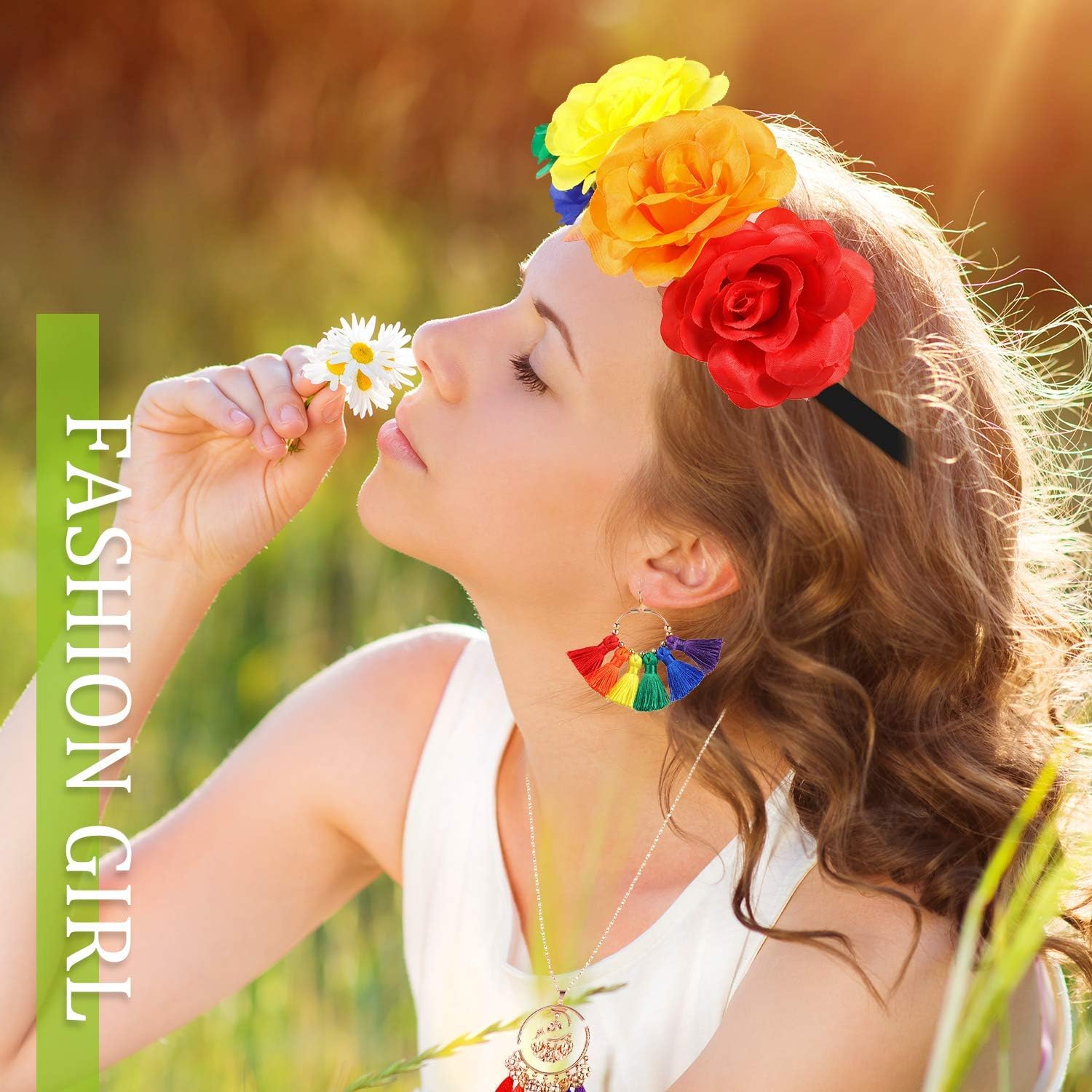 Women Gay Pride Floral Crown Headband Set Rainbow Rose  display picture 1