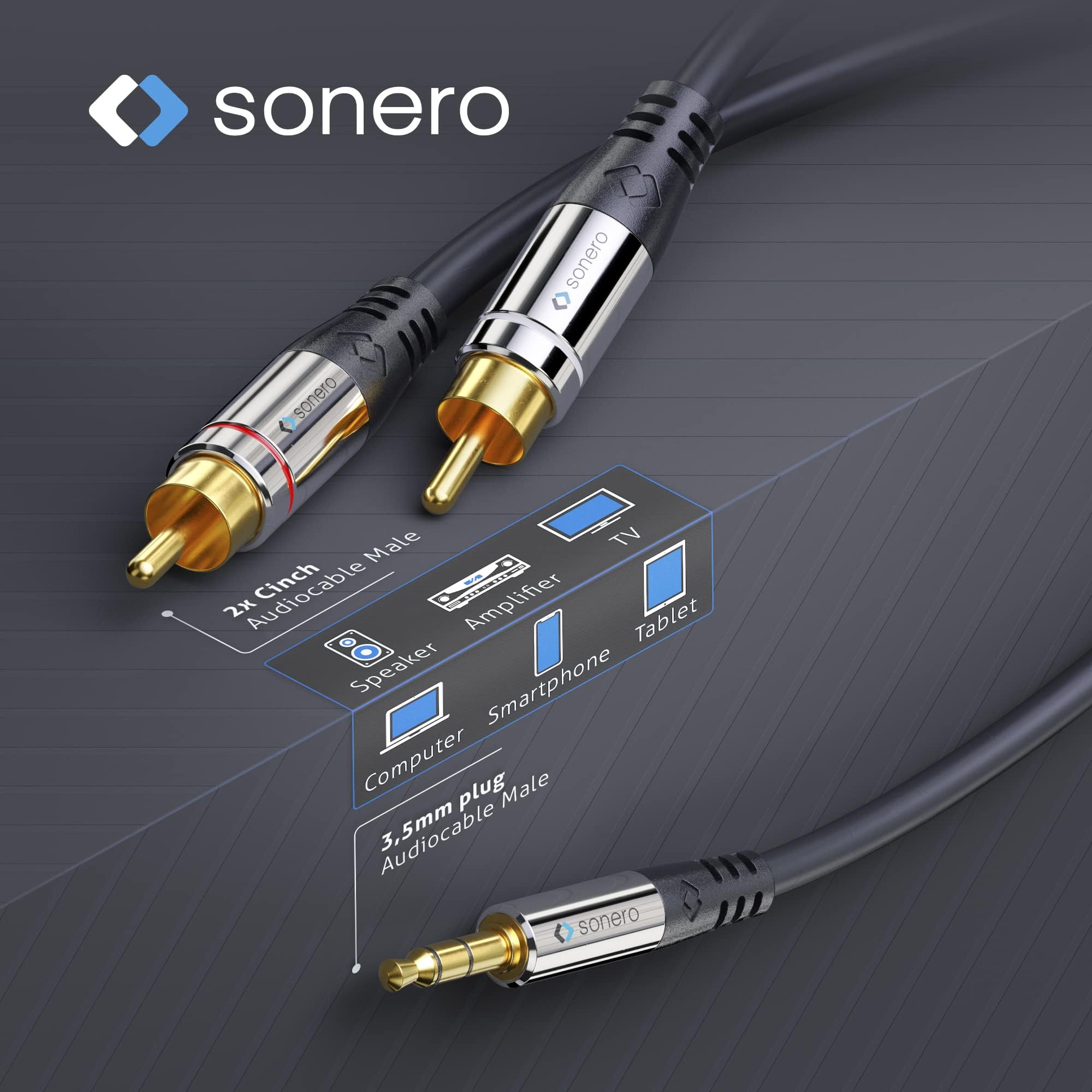 Sonero Premium 0.50 m RCA Cable, 2x RCA to Jack Cable 3.5 mm, Audio Cable, HiFi System, AUX, Black