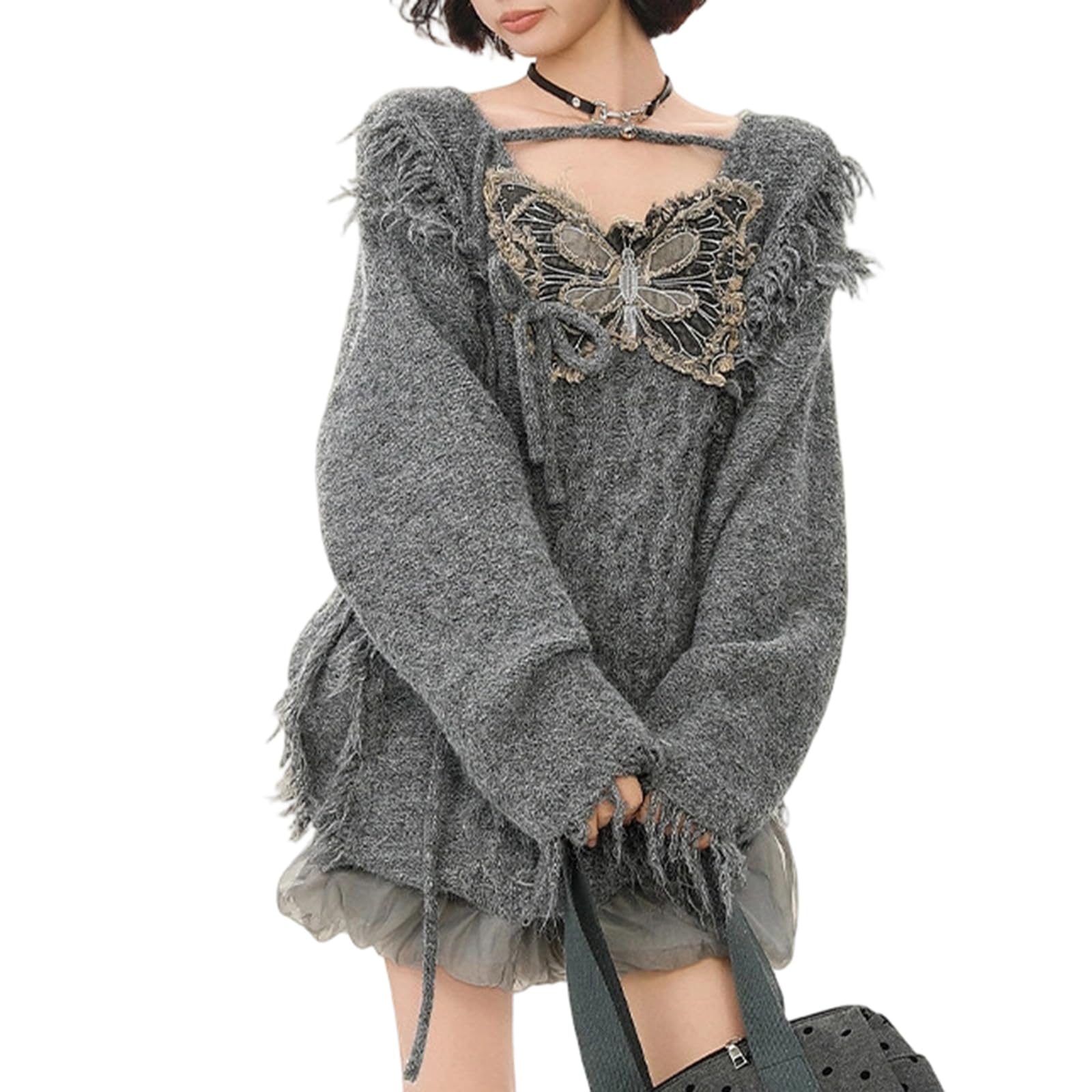 Damski sweter oversize z dzianiny z motywem motyla, postrzępione brzegi, frędzle, top Y2K w stylu punk