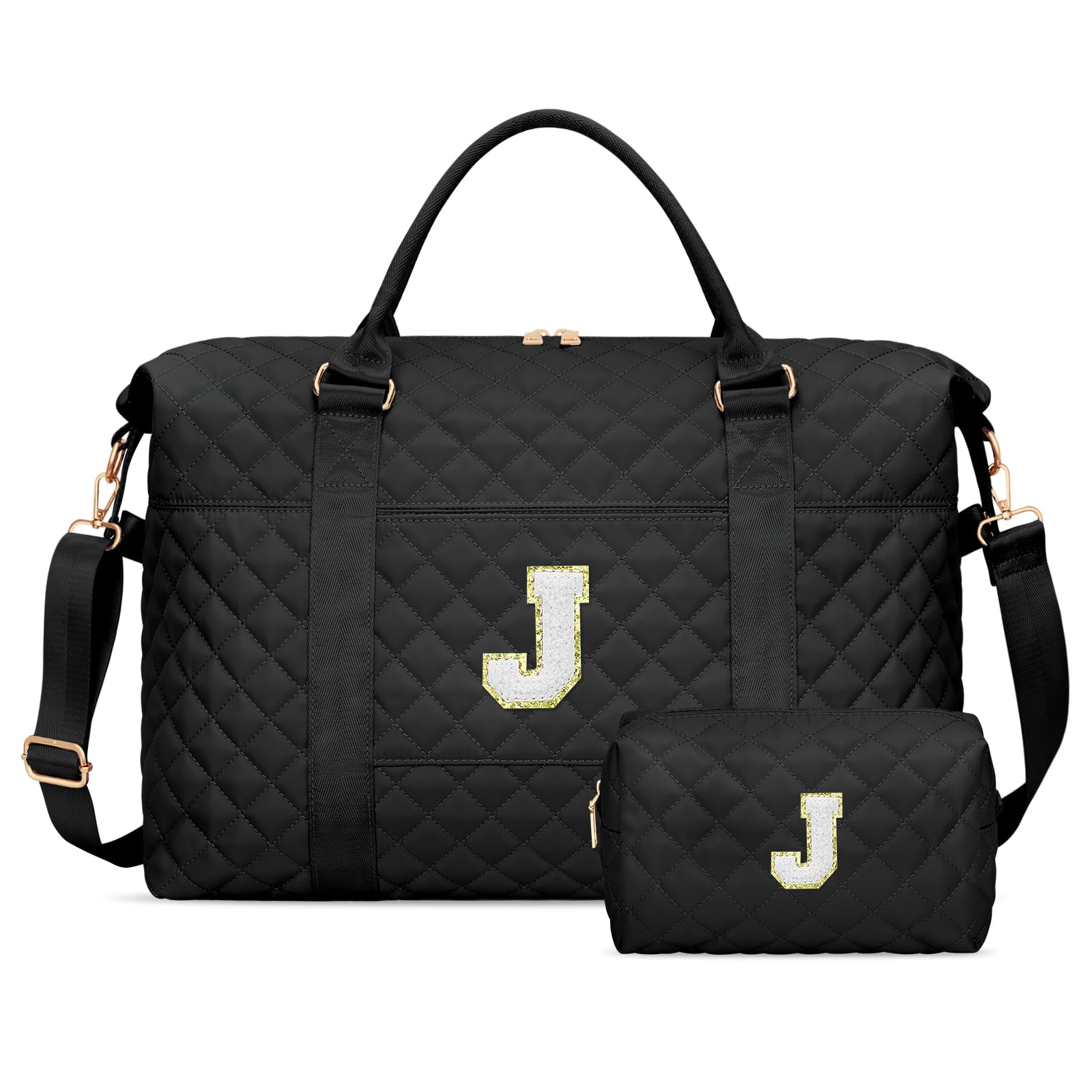 Valentines Gifts for Women, Initial Travel Duffle Bag, Personalized Weekender Overnight Bags, Monogram Sport Gym Carry On Bags with Wet Pocket（Black,J